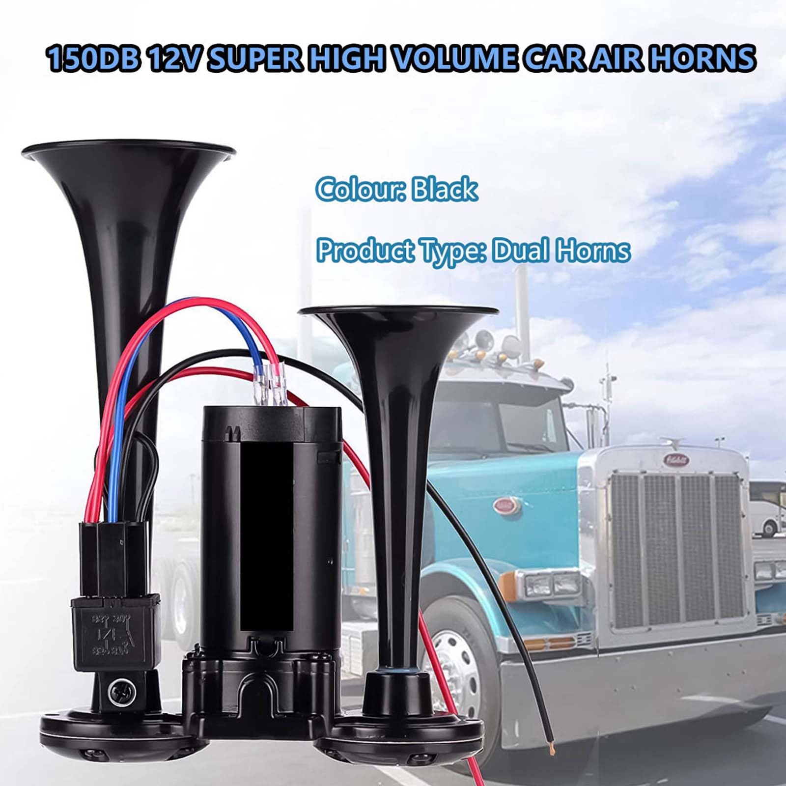 Horn Kit, 12V 150db Car Air Horn Super Loud 2 Trumpet Train Horn Kit with Compressor for Trucks Lorrys Trains Boats Jeep SUV or