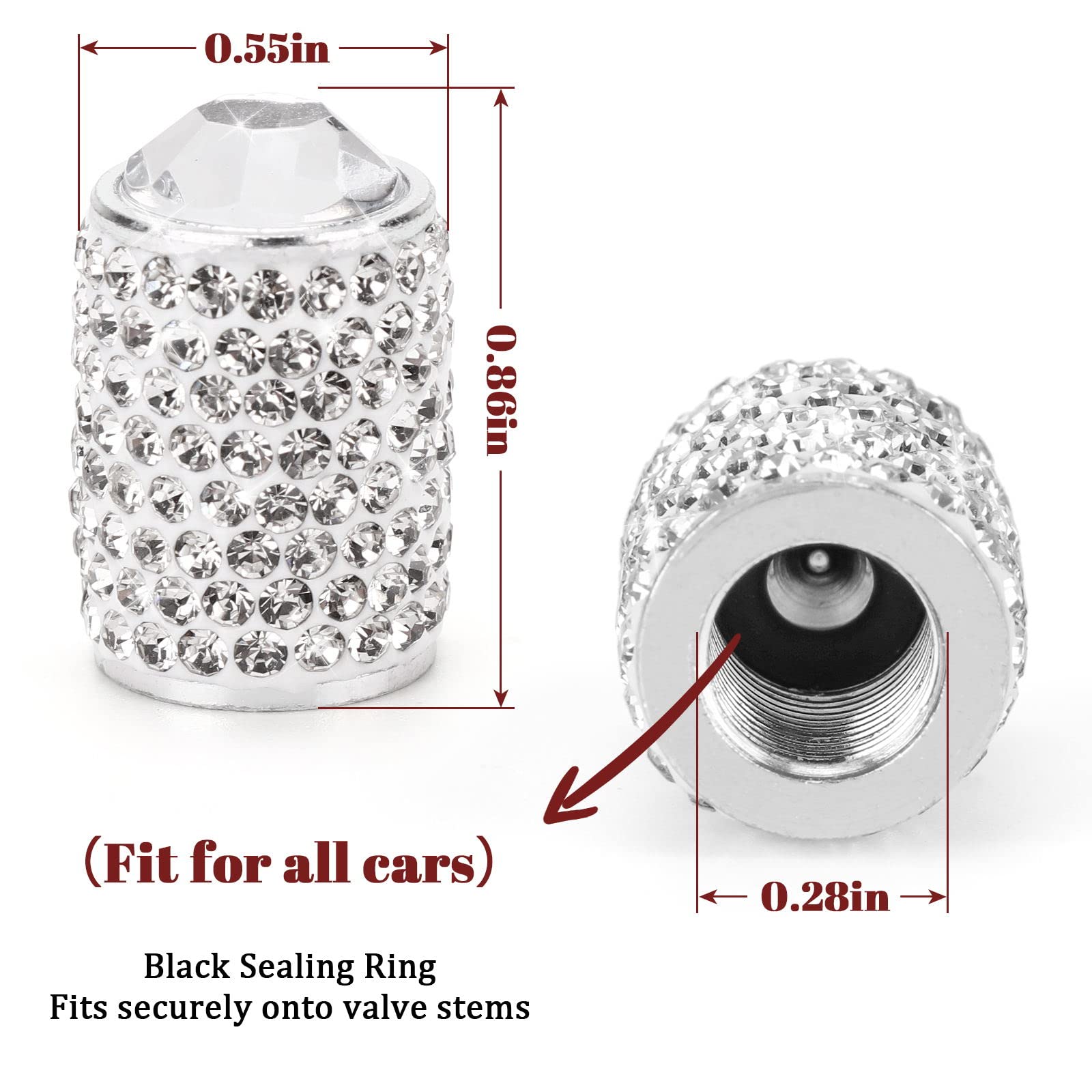 ToBeQueen Bling Tire Valve Caps - 4 Pack Crystal Rhinestone Car Accessories - Universal Fit for Cars/SUVs/Motorcycles - Silver