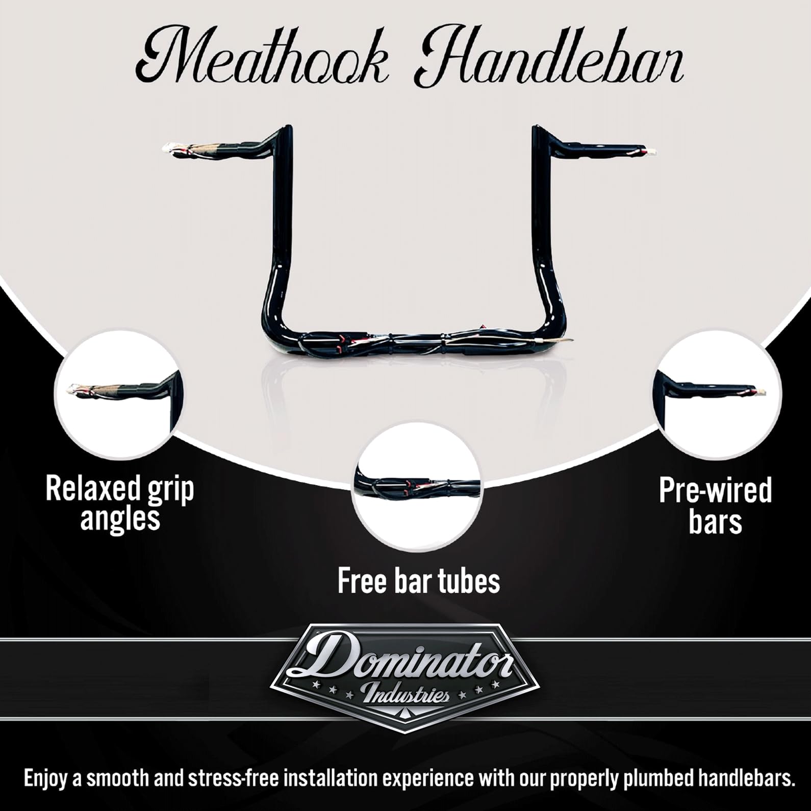 Dominator Industries 12" Meathook Bar Ape Hangers Handlebars for 2014-2023 Harley-Davidson Bagger Touring, Gloss Black