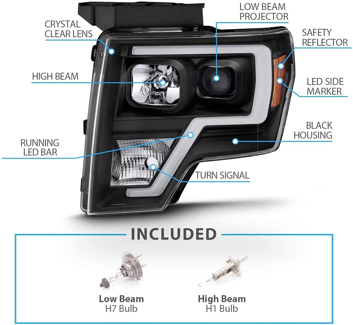 Amerilite For 2009-2014 Ford F150 Truck Led Bar Square Projector Halogen Black Headlights Set High/Low Beam Bulb Included - Driv