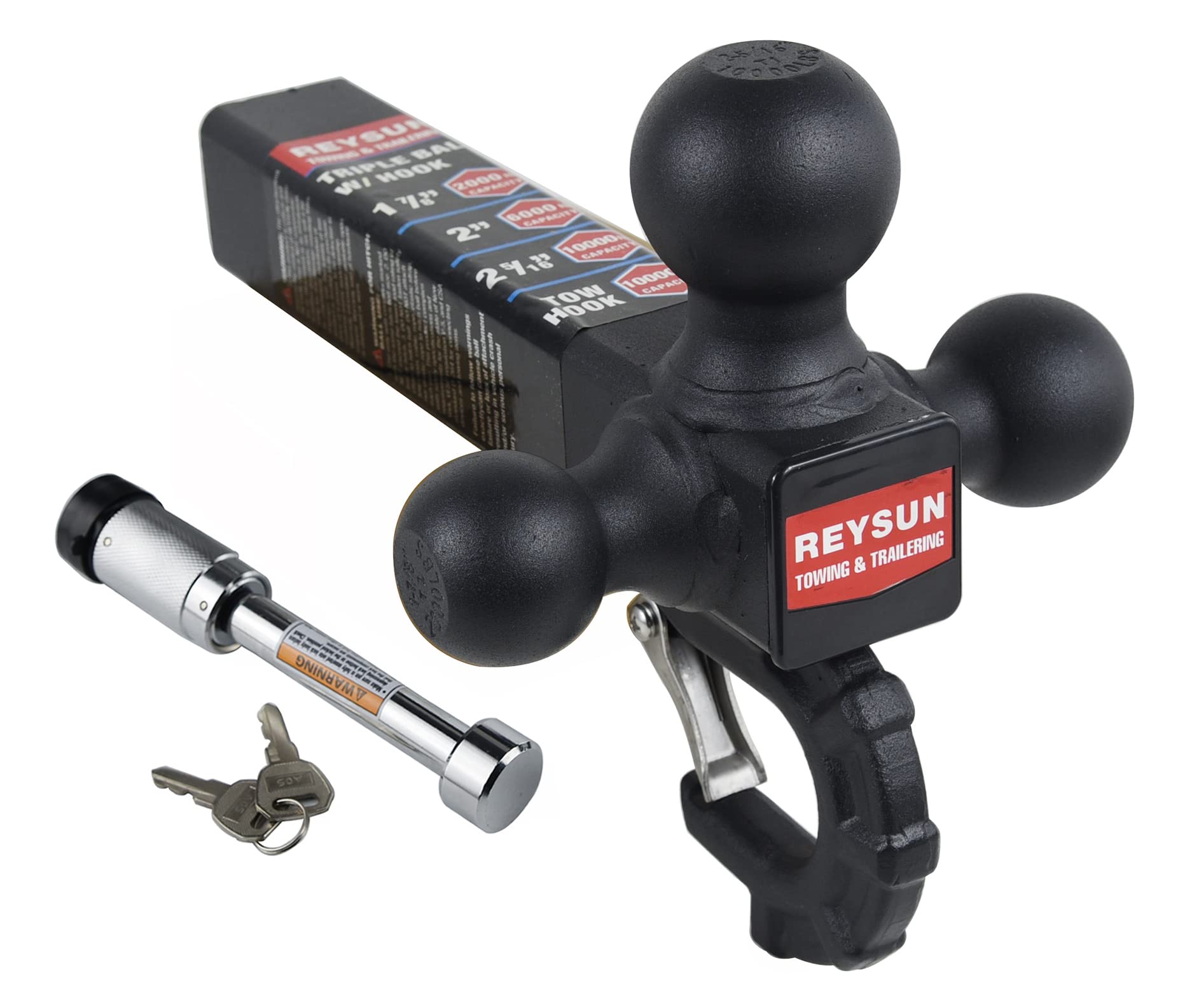 Reysun Trailer Hitch 864011L Tri Ball Mount With Hook, Tactical Tow Hook, Fits 2 Inch Hitch Receiver, Secure With Self-Lock Latc