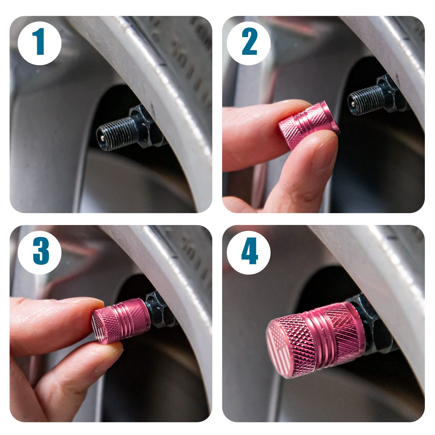 Tire Valve Stem Caps - 4 Pack Anti-Corrosion Premium Anodized Alloy Tyre Air Valve Caps American Flag For Car Suv Bike Pink