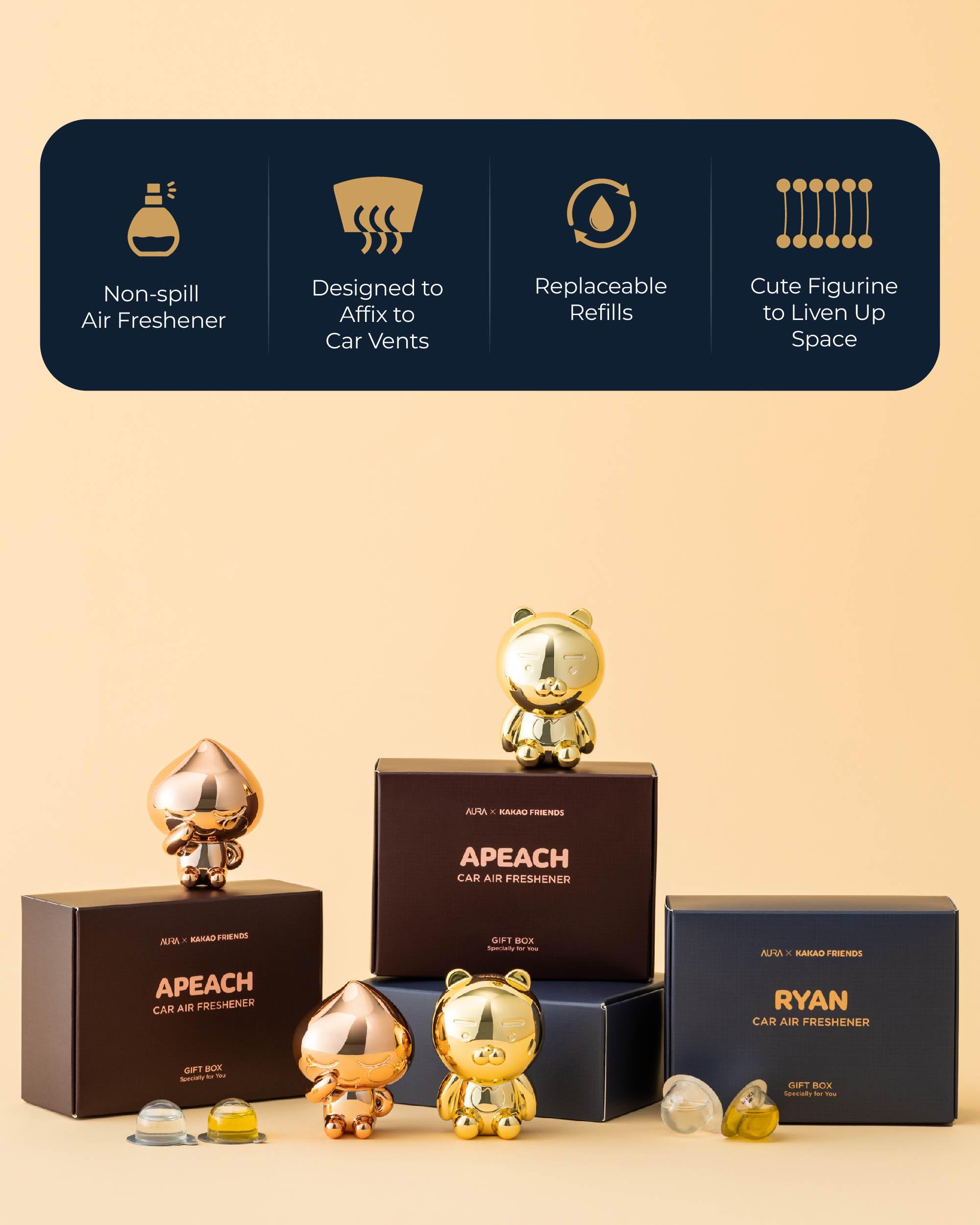 Aura Car Air Freshener Vent Clip, Gold Ryan (2 Scents, 0.07Fl Oz*2) - Long-Lasting Odor-Fighting Scent. Kakao Friends Figurine.