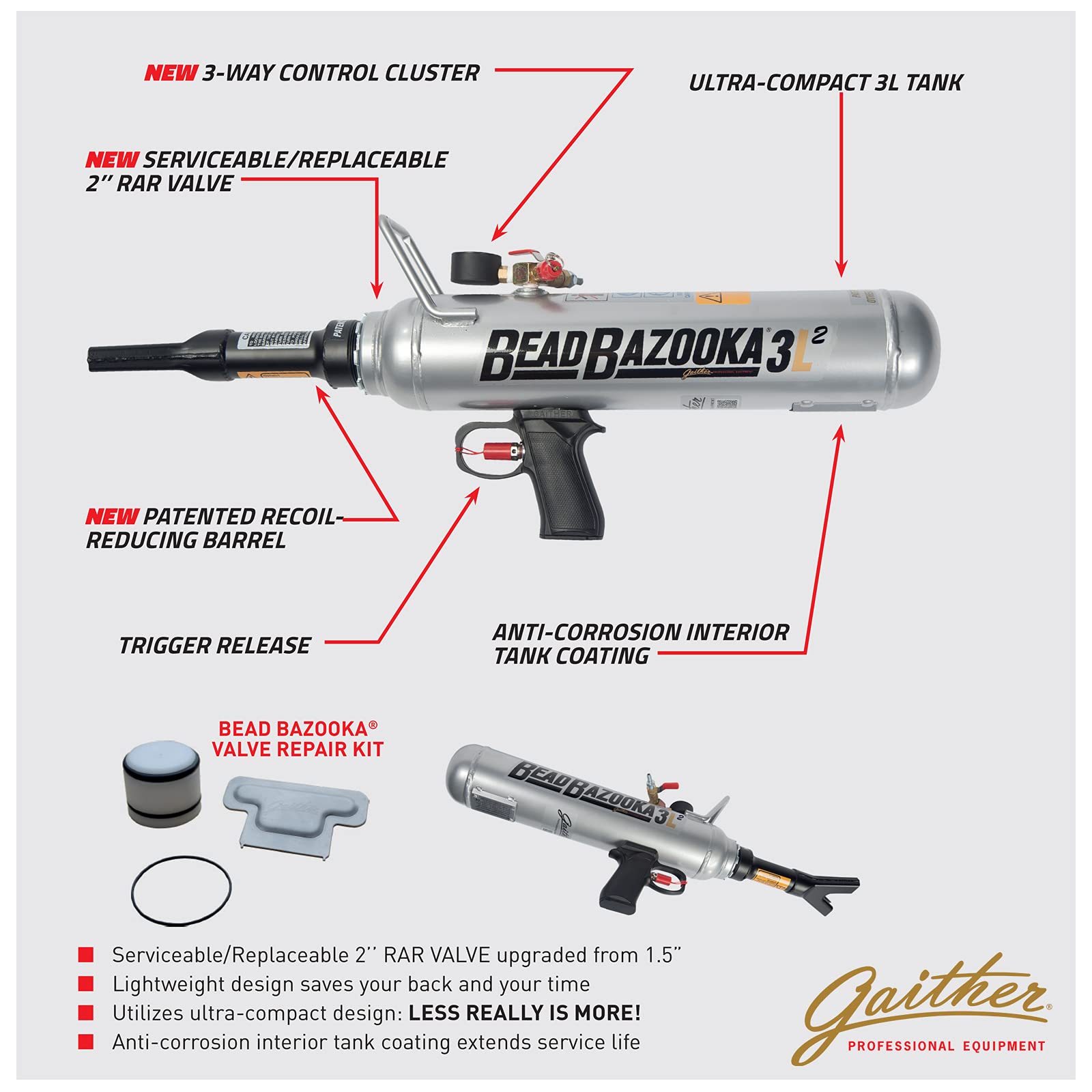GAITHER Handheld Bead Bazooka - 2nd Gen Bead Seater Tool, 10L Capacity, Rapid Air Release, Silver