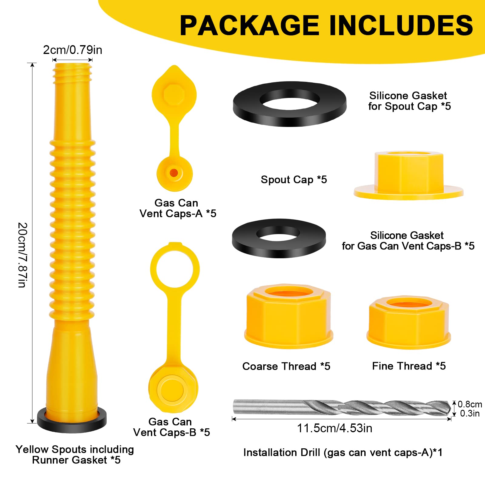 Godboy Gas Can Spout Replacement Nozzle Kit, 5 Pack, Flexible, Yellow, Compatible with 1/2/5/10 Gal Oil and Fuel Cans, Model GB0218