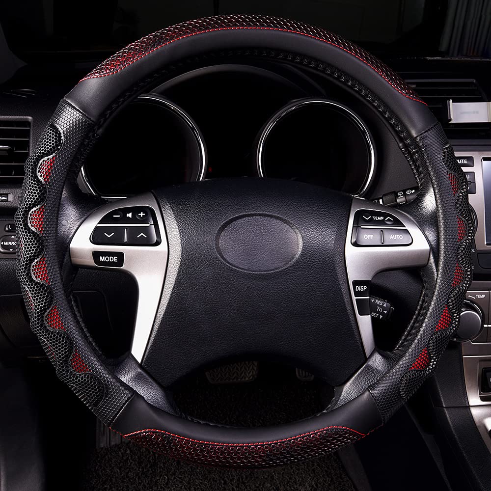 Flying Banner Steering Wheel Cover - Faux Leather, 15" Anti-Slip, 3D Honeycomb Design, Red with Black, Model FB-043