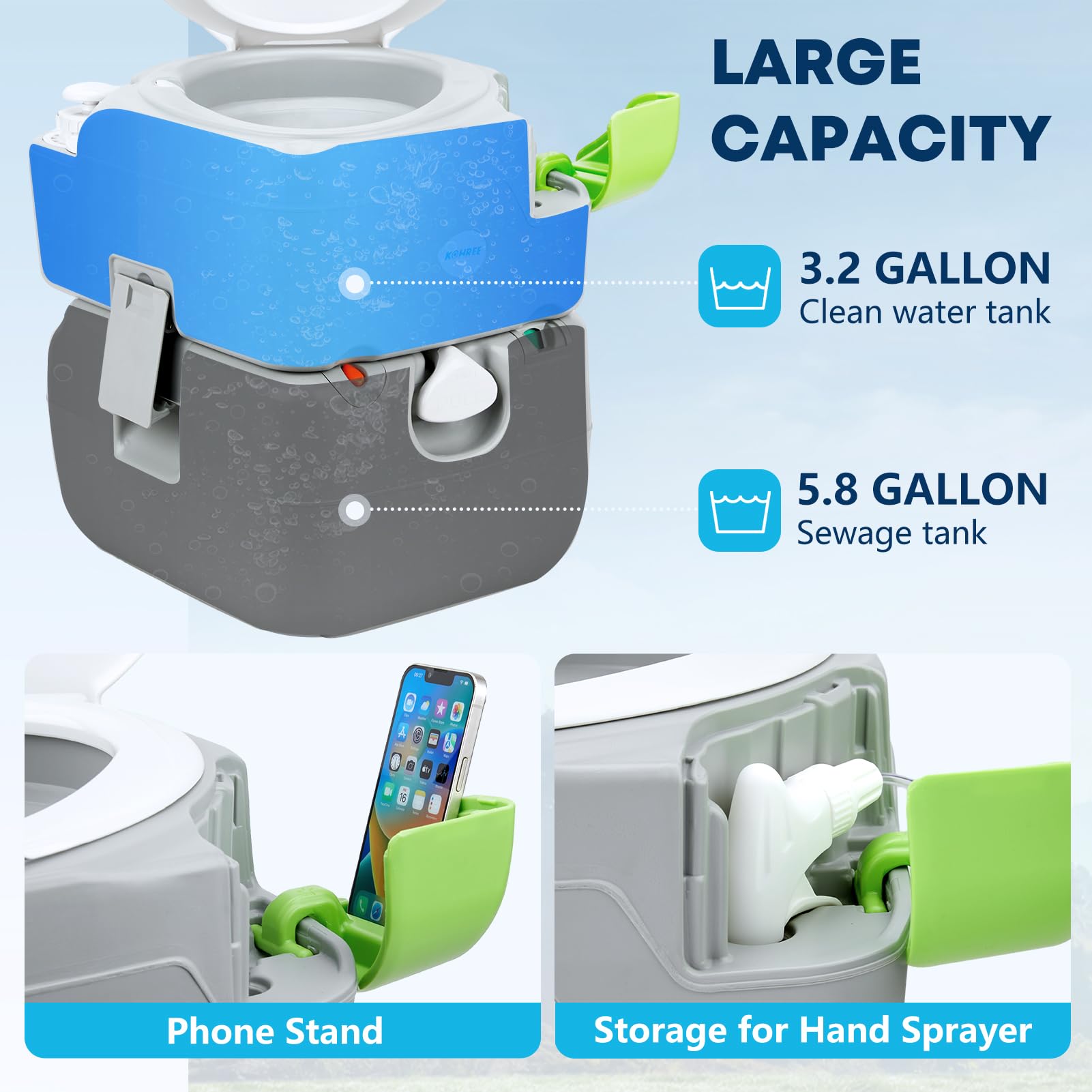 Kohree Portable Camping Toilet - 5.8 Gal, Diagonal Elongated Bowl, Leak-Proof, Gray, Model HY0671, Ideal for RVs and Home Use
