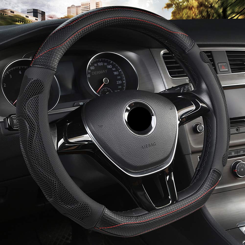 Builllin D Cut Steering Wheel Cover - D Shaped Flat Bottom Microfiber Leather Anti-Skid Breathable Fit 14.5''-15'' (Black)