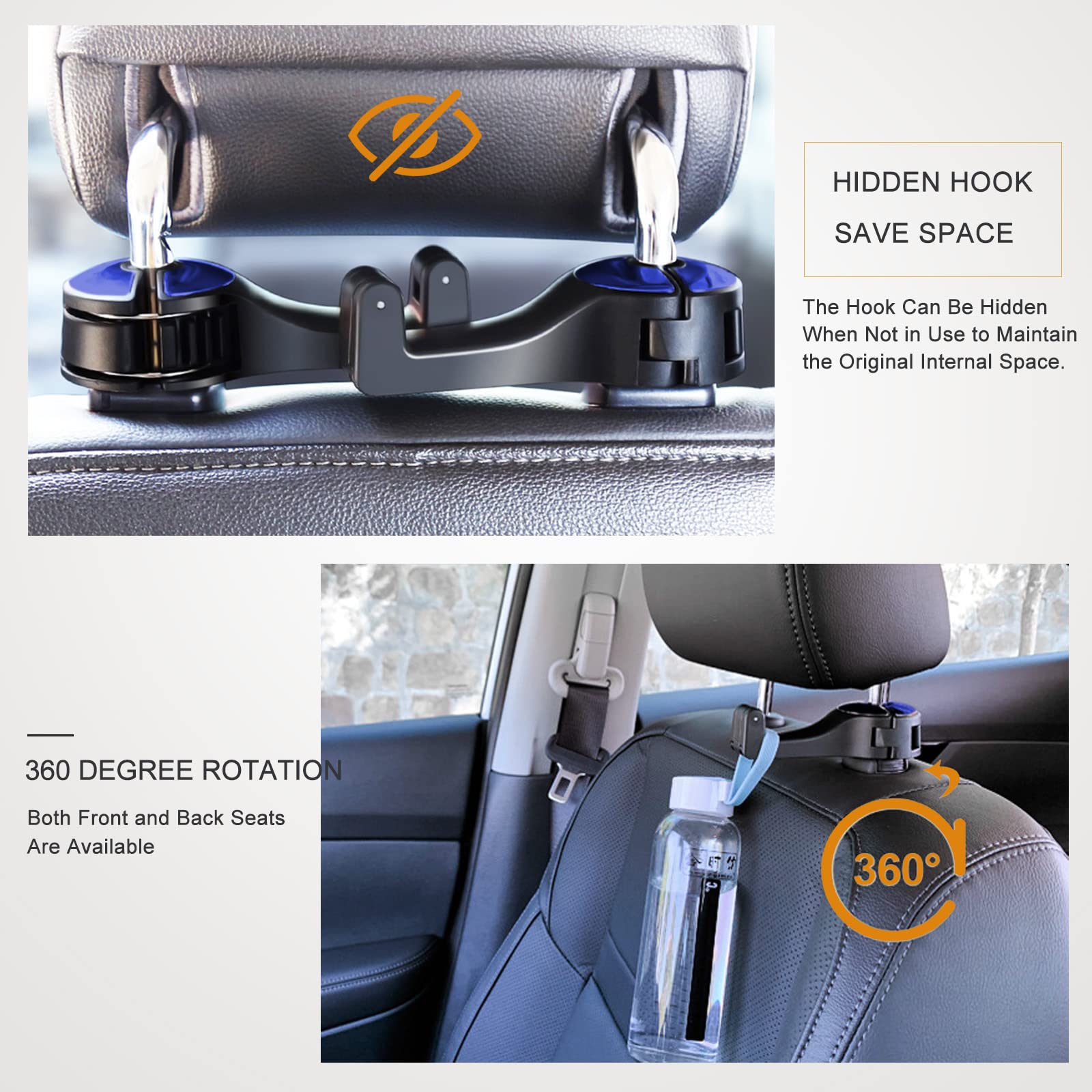 Scovvord Car Headrest Hidden Hook With Phone Holder, Car Seat Hooks For Purses And Bags, Universal 360 Rotation Headrest Hooks P
