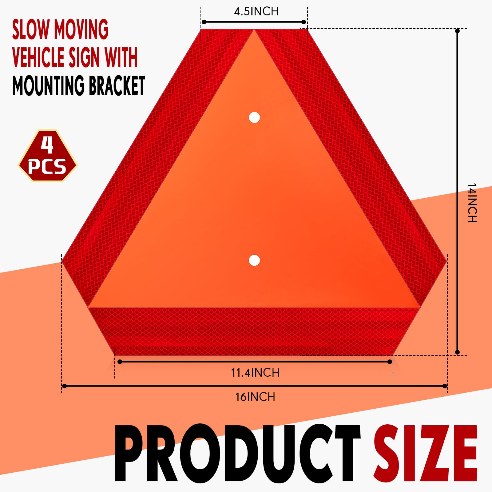 Yaocom 4 Sets Slow Moving Vehicle Sign with Mounting Bracket 14 x 16 Inch Slow Moving Vehicle Triangle Sign Aluminum Warning Tri