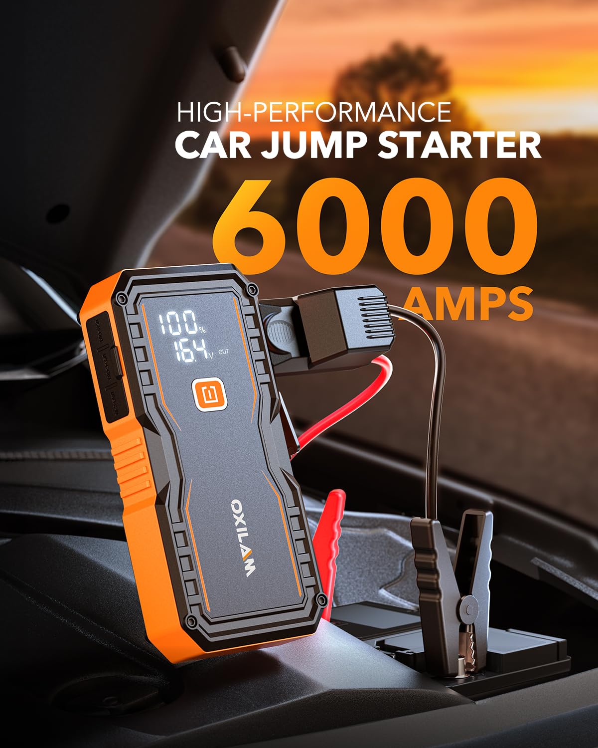 OXILAM Jump Starter 6000A - Portable Car Battery Jumper, 12V Lithium, LED Display, Orange, Model Y2