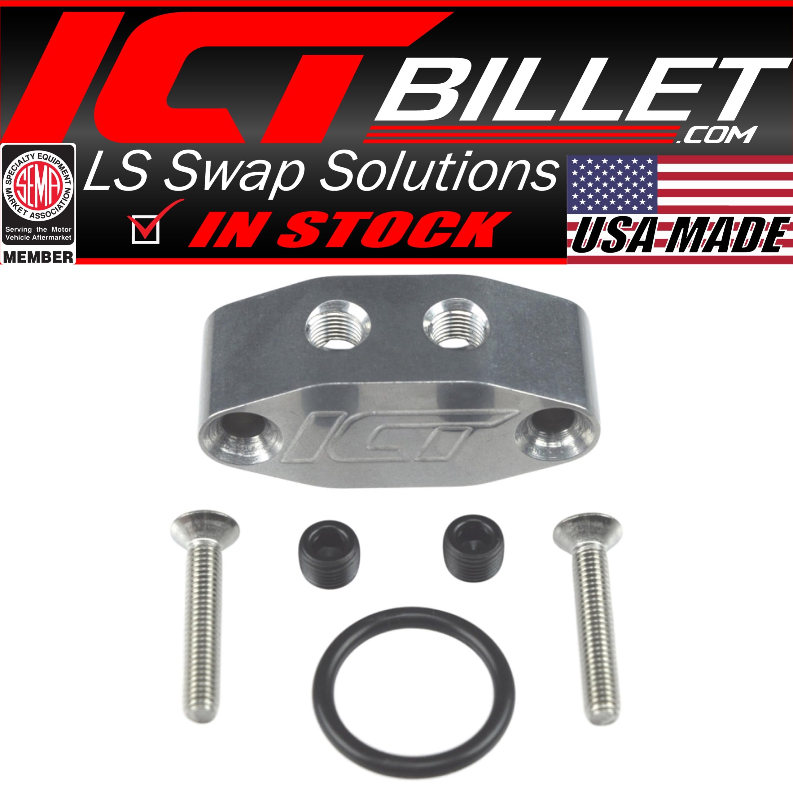 ICT Billet LS Twin Turbo Dual 90 Degree 1/8'' NPT Oil Feed LINE Adapter Plate LS1 LSX kit Port LS3 Right Angle Billet Plate Supp