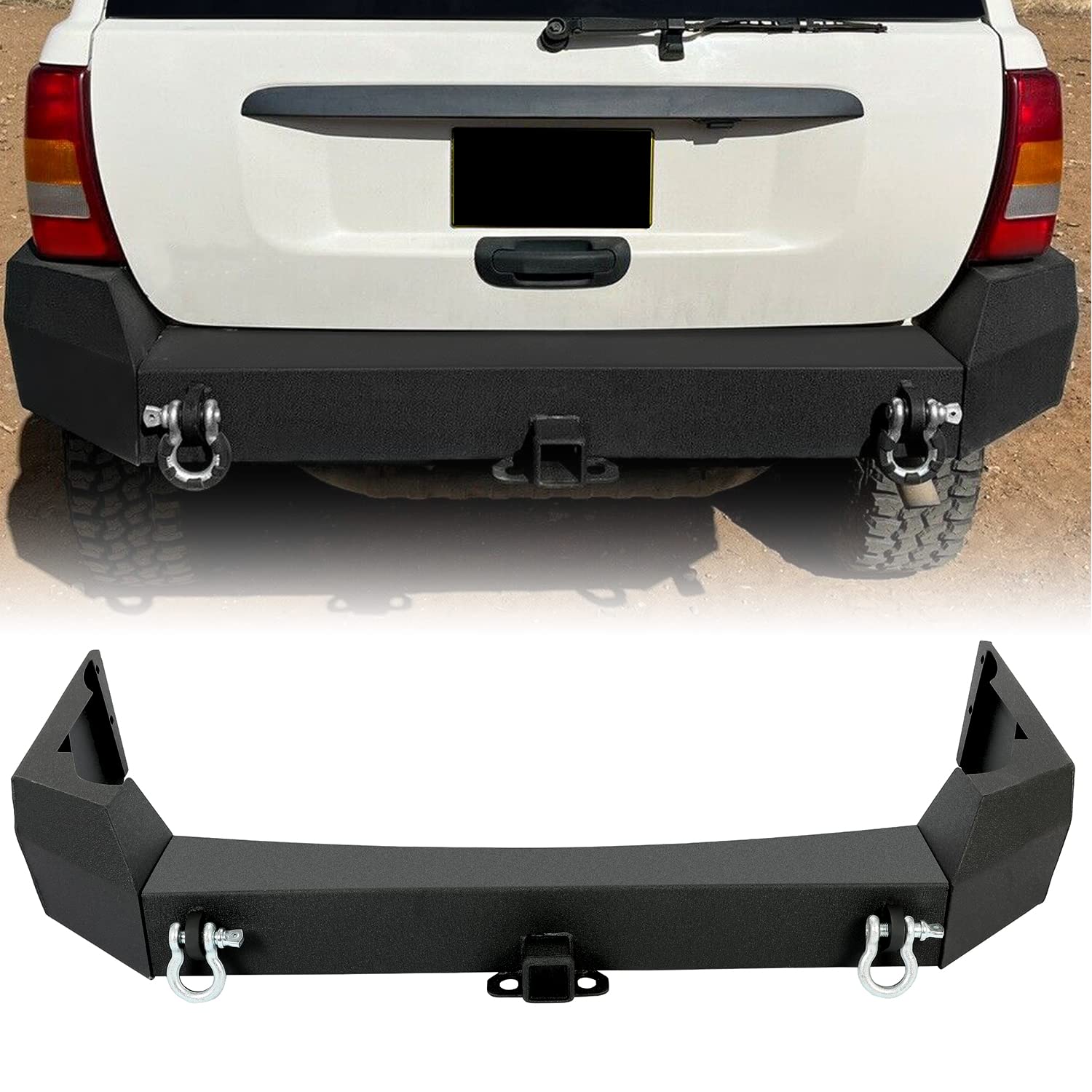 KUAFU Off-Road Rear Bumper Compatible with 1999-2004 Jeep Grand Cherokee WJ w/2 Inch Hitch Receiver & D rings Steel
