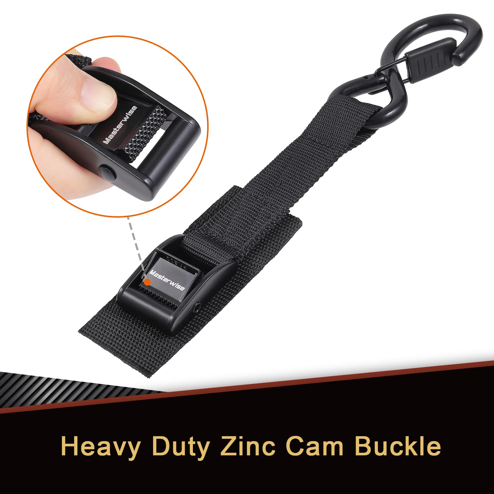 Masterwise Tie Down Straps with Hooks, 8 feet 1200lbs Break Strength Cam Buckle Tiedown Set with Integrated Soft Loops for Motor