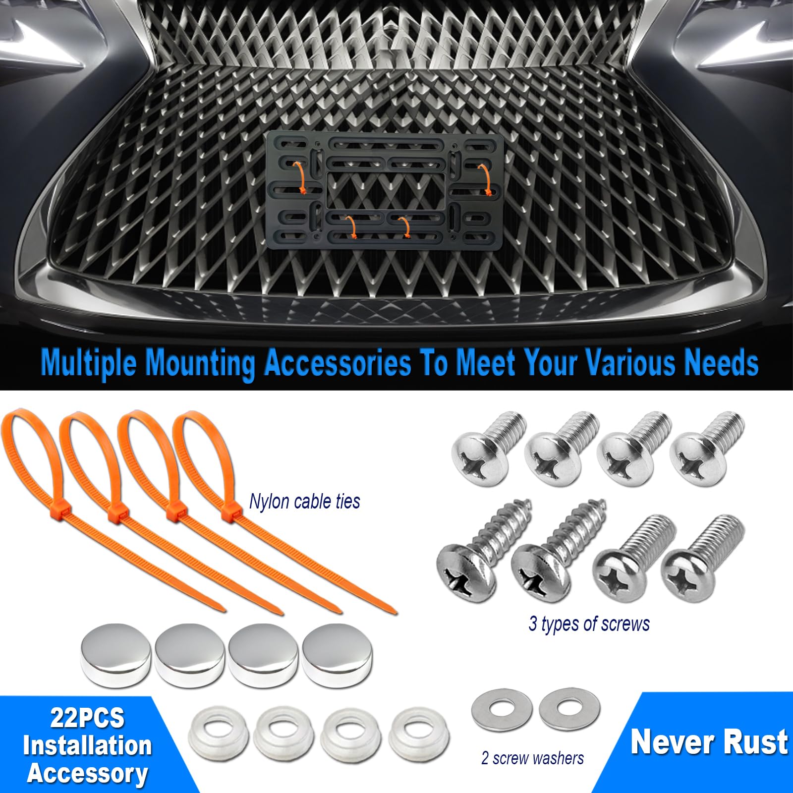 Zxfoog Front License Plate Mounting Kit- Front Bumper License Plate Bracket & Stainless Steel Car Tag Frame, Universal No Drilling Hole Adapter For Car/Truck/Trailer, With Screws Cap, Rattle Proof Pad
