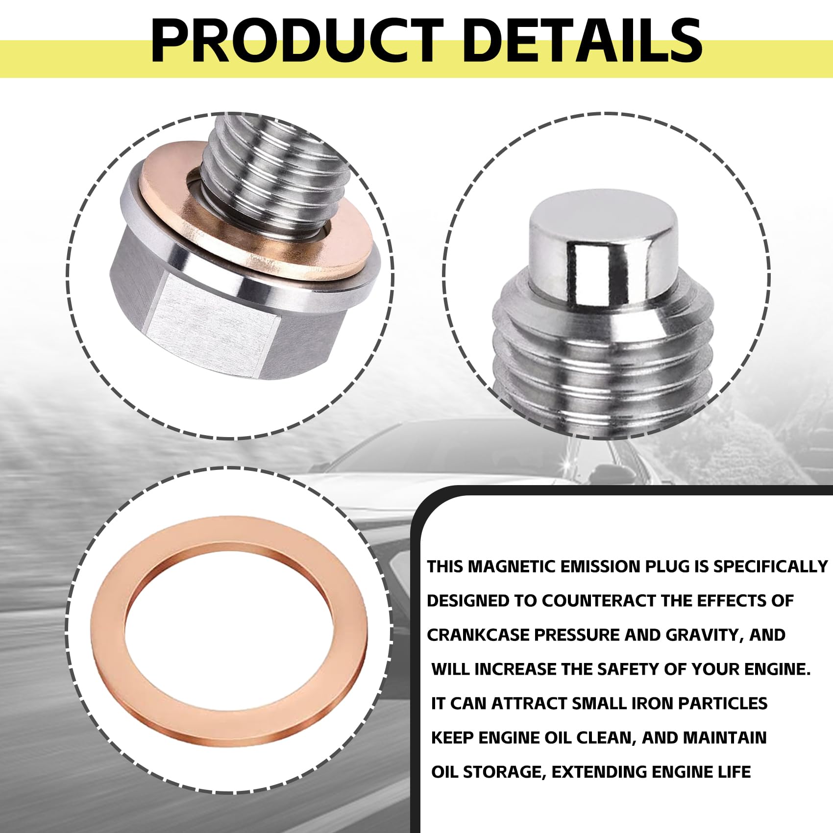 Magnetic Stainless Steel Oil Pan Drain Nut Bolt, M14 x 1.5 Magnetic Oil Drain Plug with 5 PCS Washer Gasket, Fits Most Cars, For