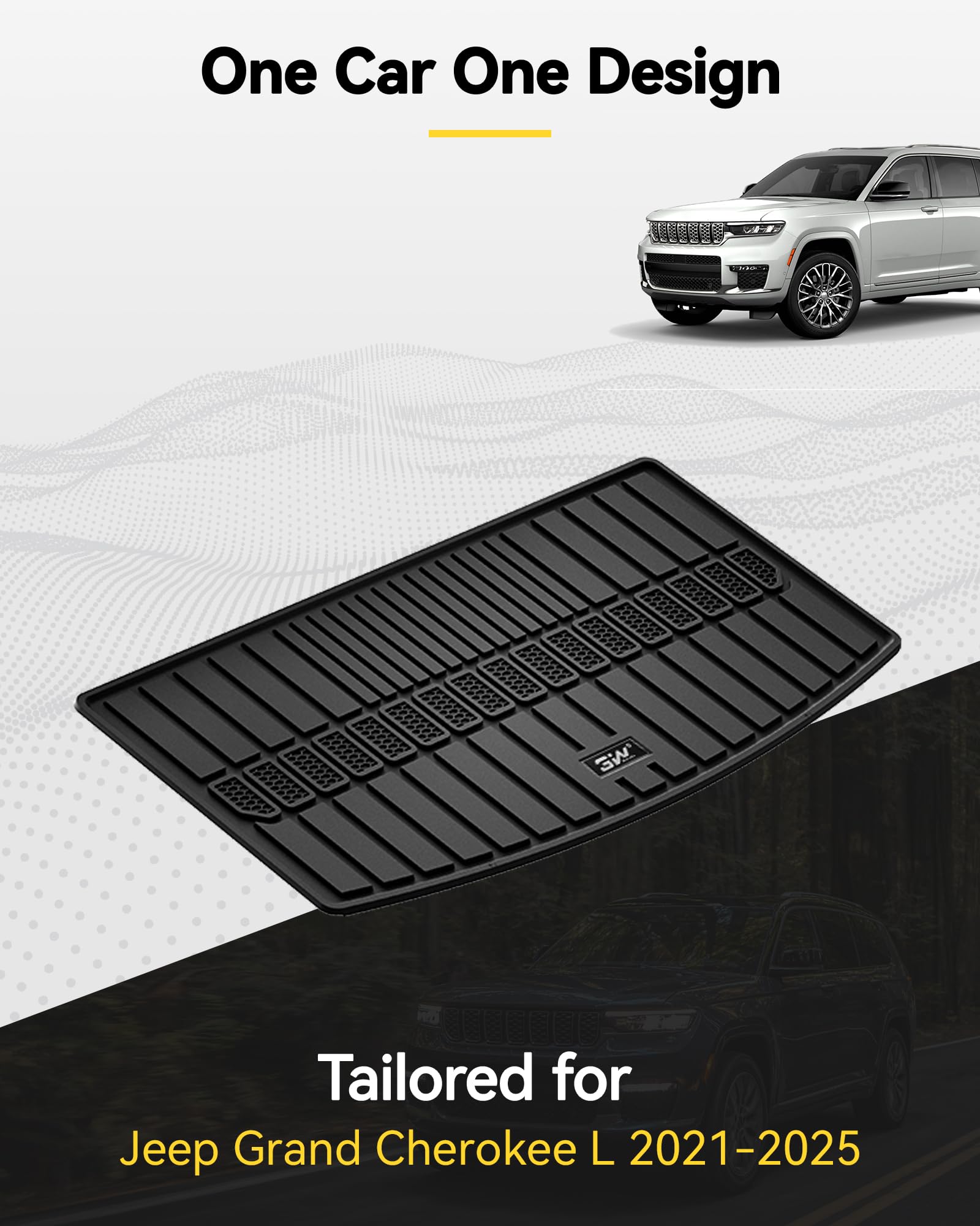 3W Cargo Liner for Jeep Grand Cherokee L (2021-2025) - Heavy Duty TPE All Weather Trunk Mat, Black, Model 21035-1TM-TPE-FBA