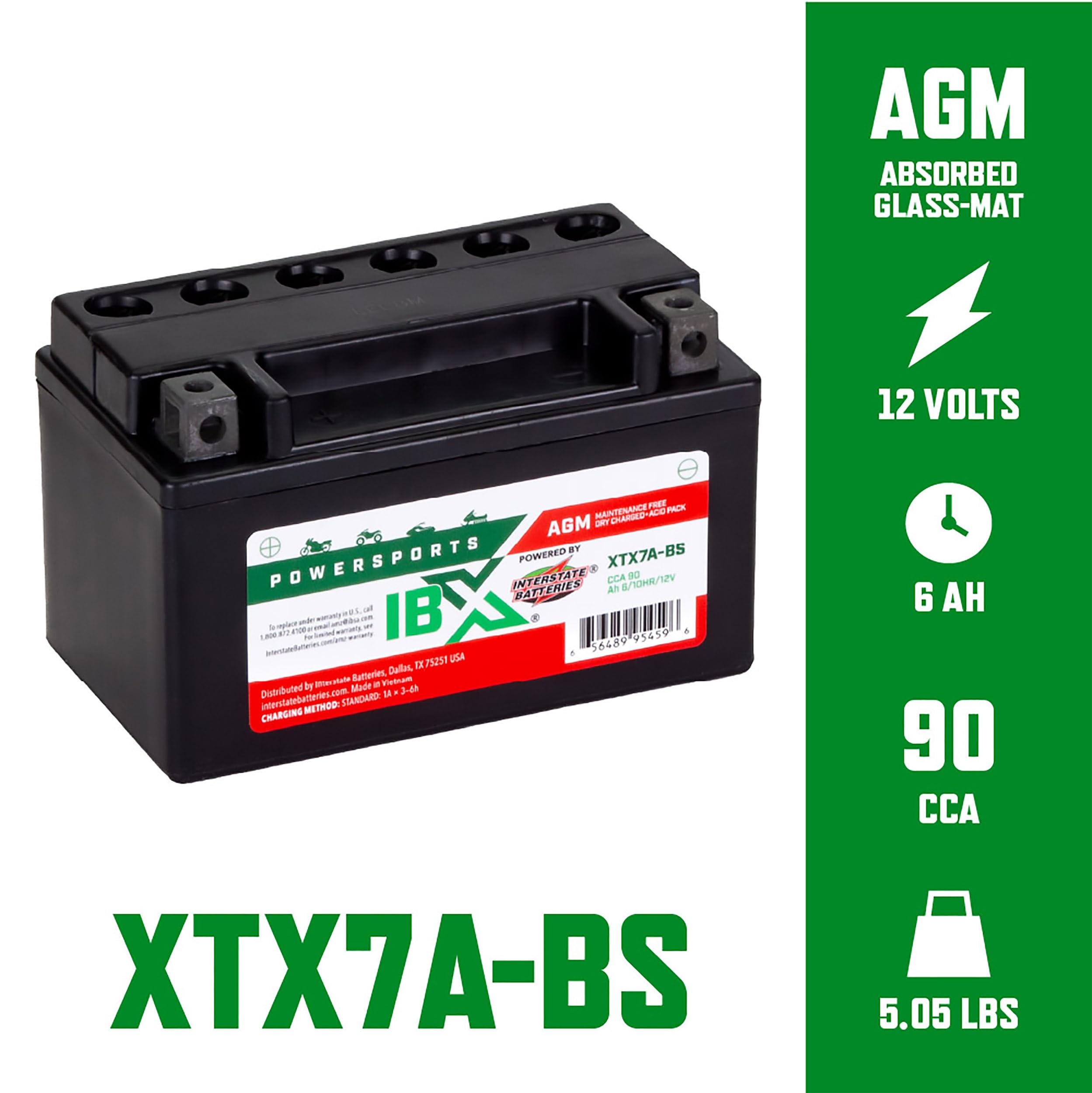 Interstate Batteries YTX7A-BS 12V 6Ah AGM Powersports Battery - 90CCA Replacement for ATVs, Motorcycles, Scooters