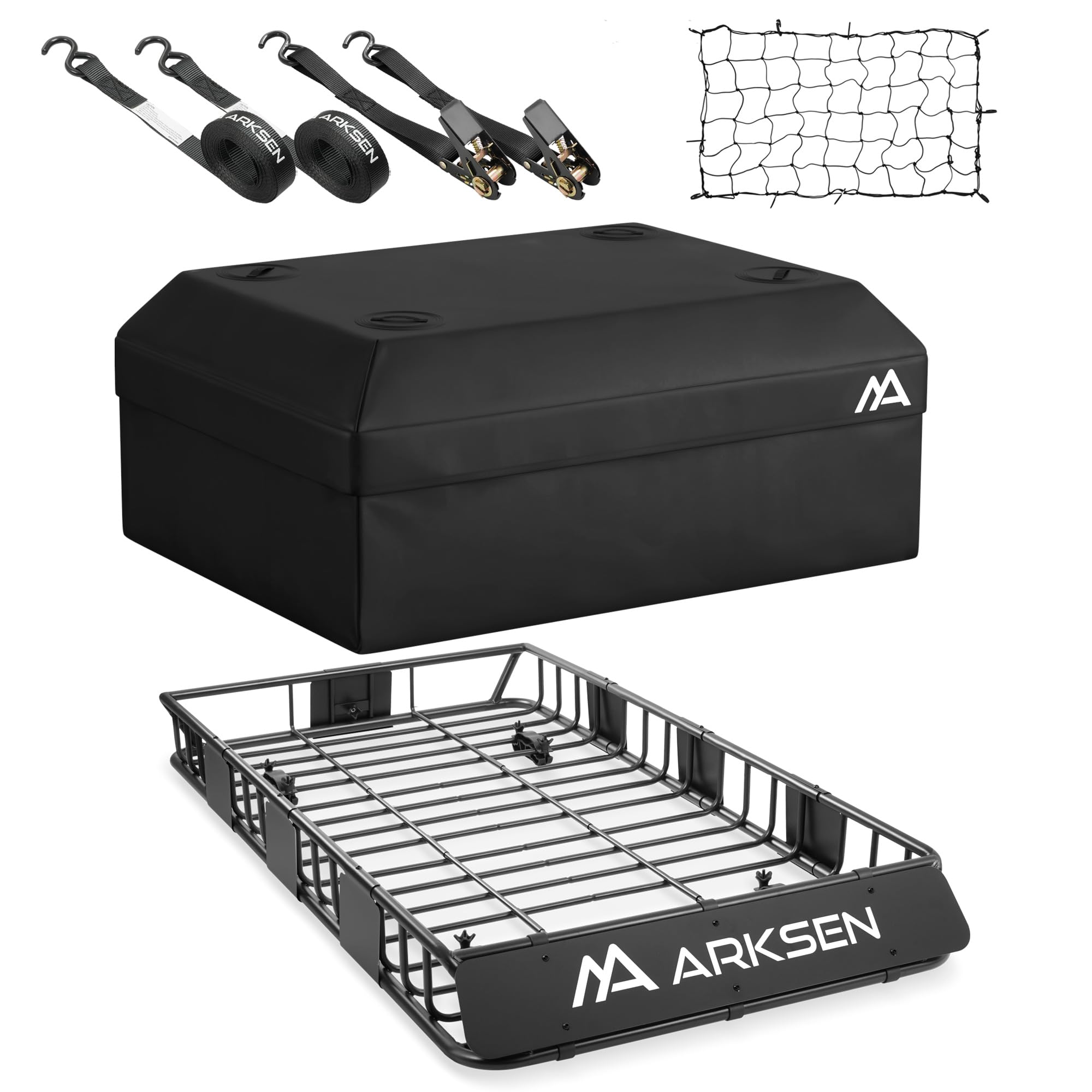 ARKSEN 64x34x6 inch Heavy Duty Roof Rack Cargo Carrier w/ 600D Waterproof Cargo Bag, Tie Down Straps, Net, Universal Steel Roof 