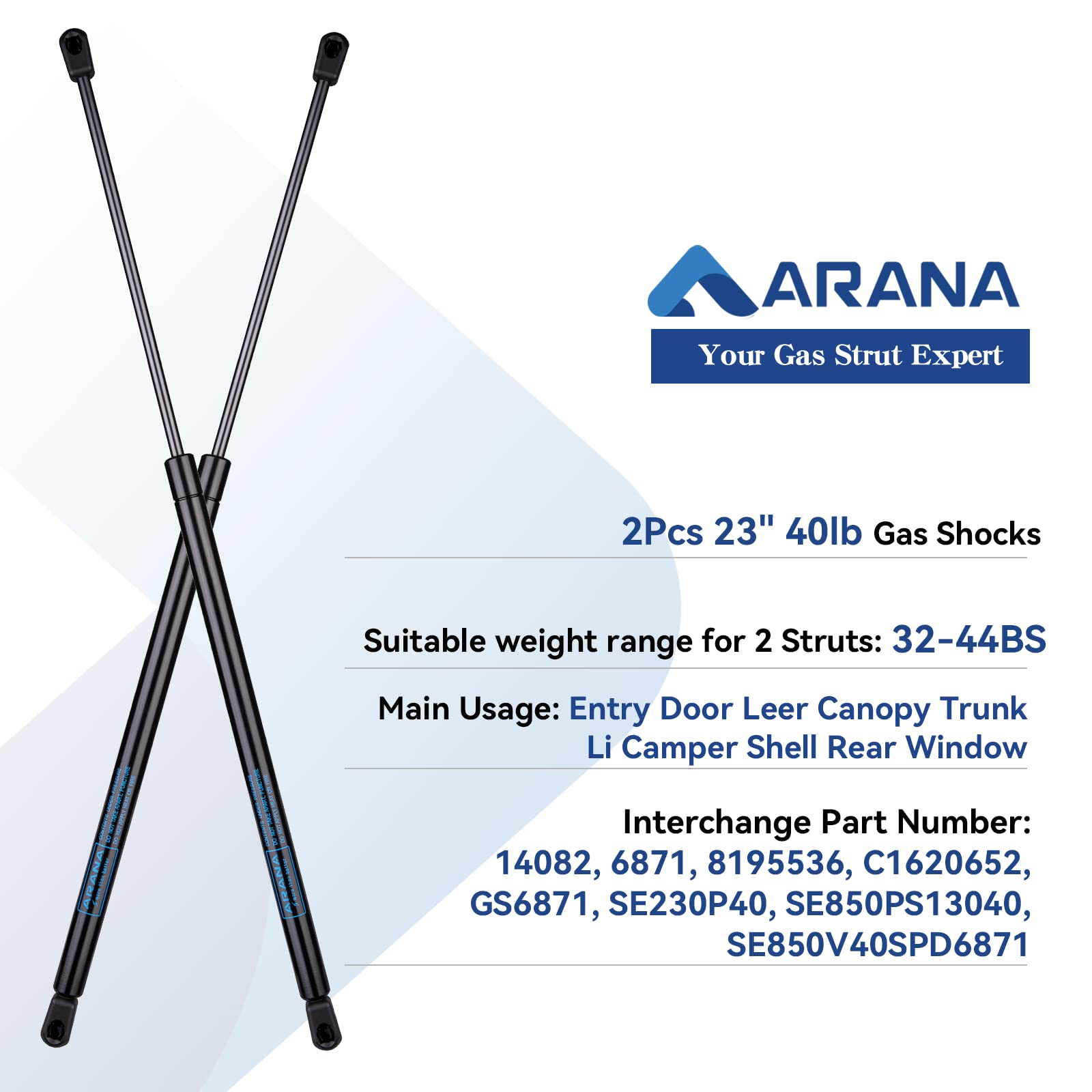 Arana C1620652 23 Inch 40Lb Gas Struts Prop Springs Shocks 23'' Se230P40 Replacement Lift Supports For Tonneau Cover Leer Canopy