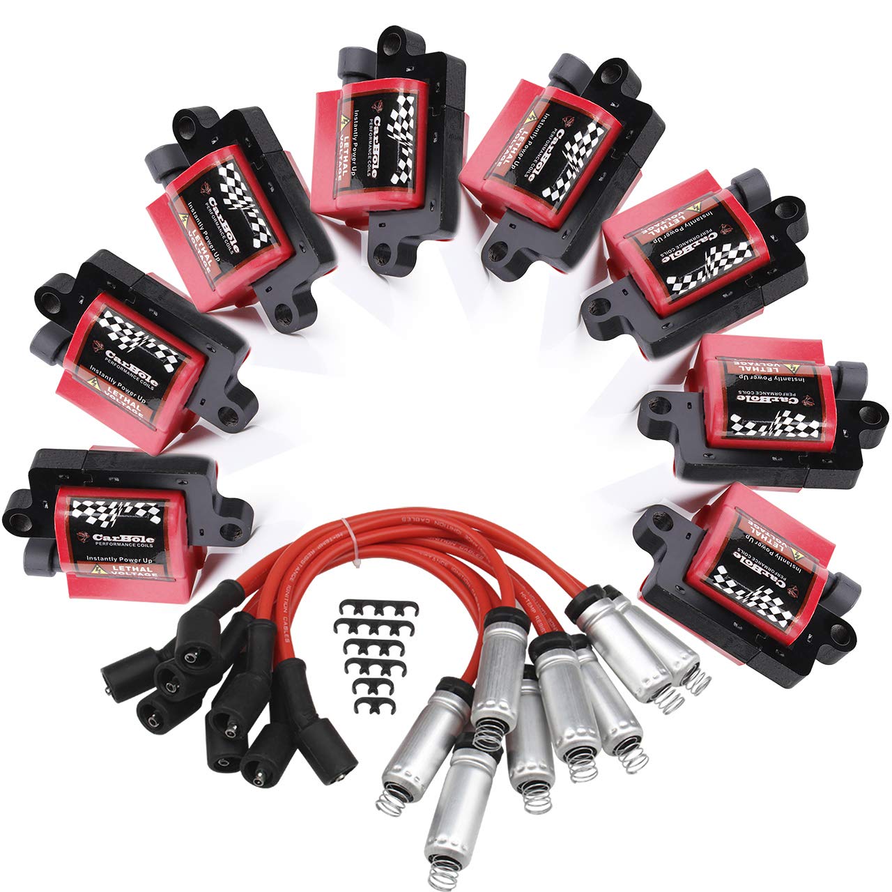 CarBole Ignition Coil Pack & Spark Plug Wires Set for Cadillac, Chevy, GMC - 8 Pcs, SQUARE COILS (D581)