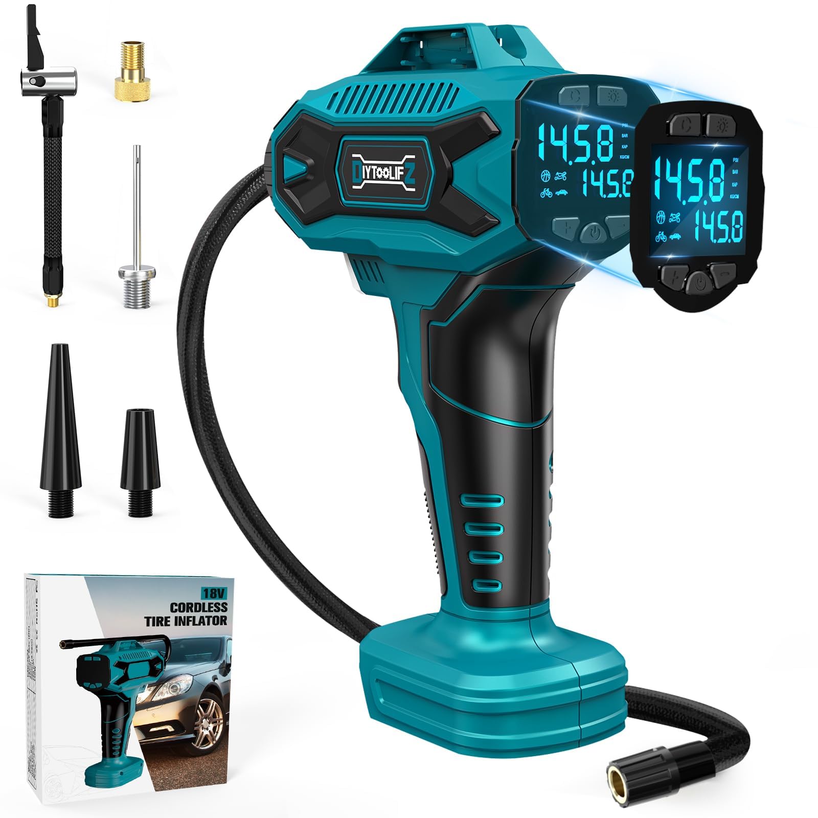 Cordless Tire Inflator Air Compressor For Makita 18V Battery, Portable Handheld Air Pump With Digital Pressure Gauge For Cars Mo