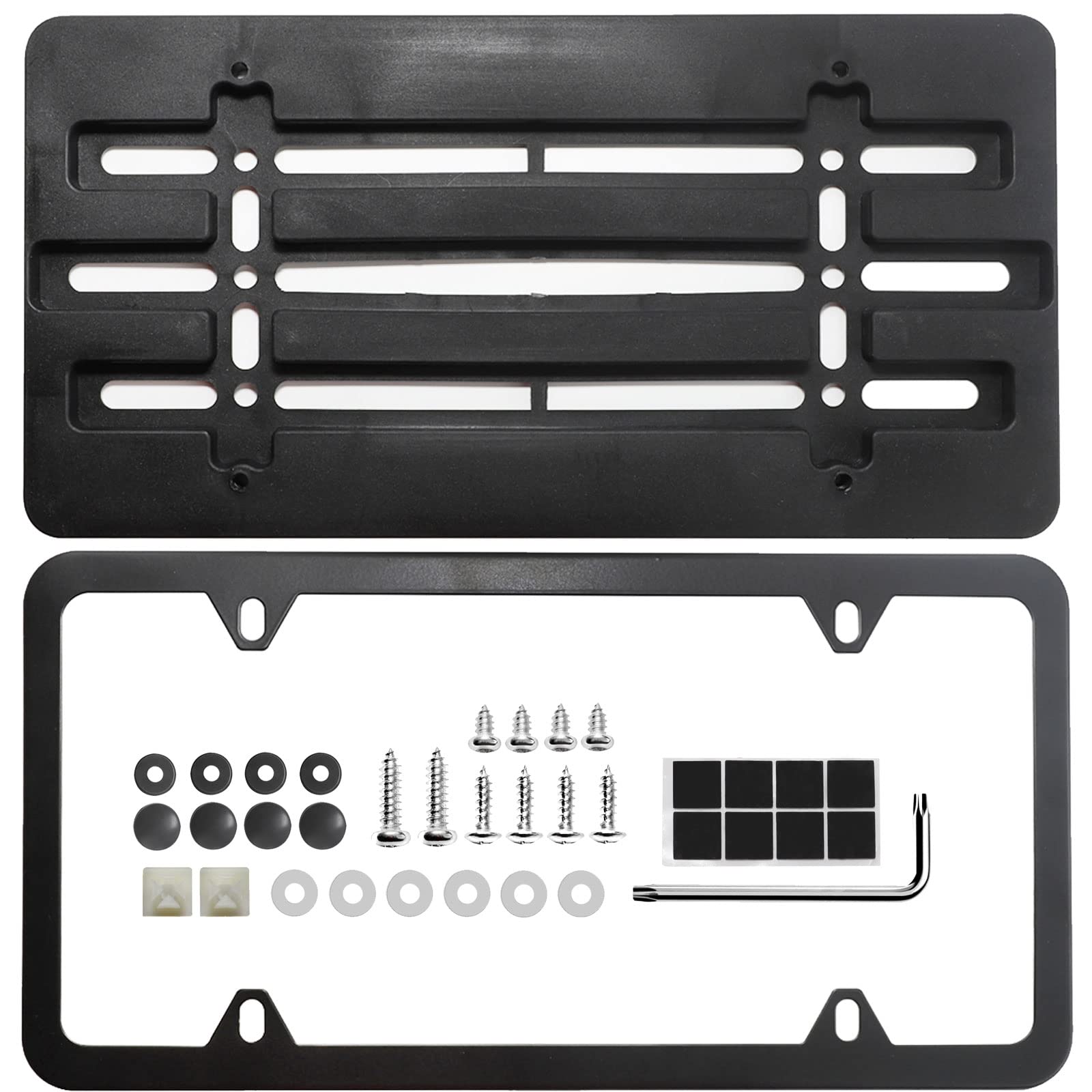 Red Wolf License Plate Bracket Holder W/License Plate Frame Universal Fit Vehicles Truck Mount Front Bumper Car Tag Lock Screws Caps Nuts Wrench Kit Black