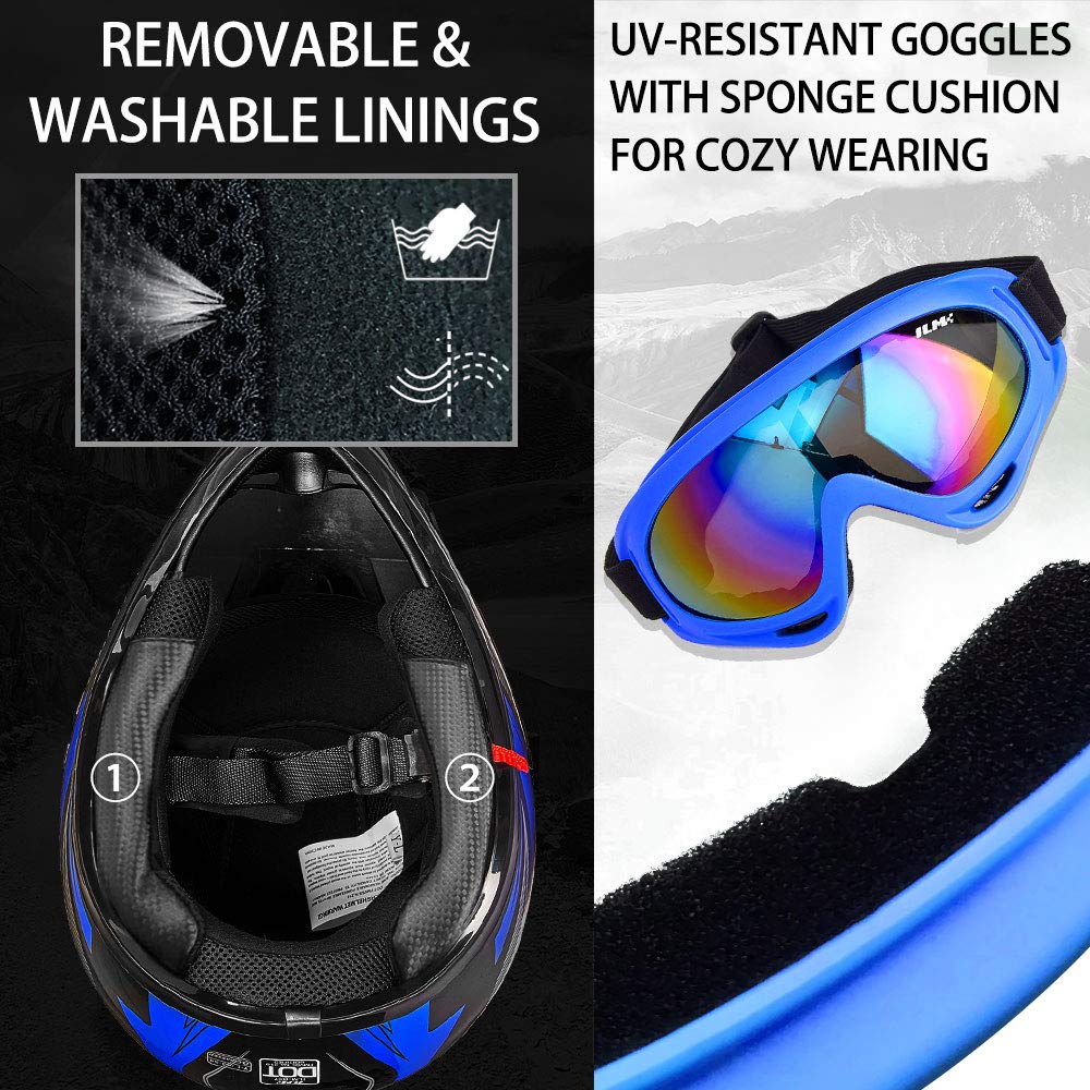 Ilm Youth Kids Atv Motocross Helmet Goggles Sports Gloves Dirt Bike Motorcycle Off Road Dot Approved B07 (Youth-M, Blue/Silver)