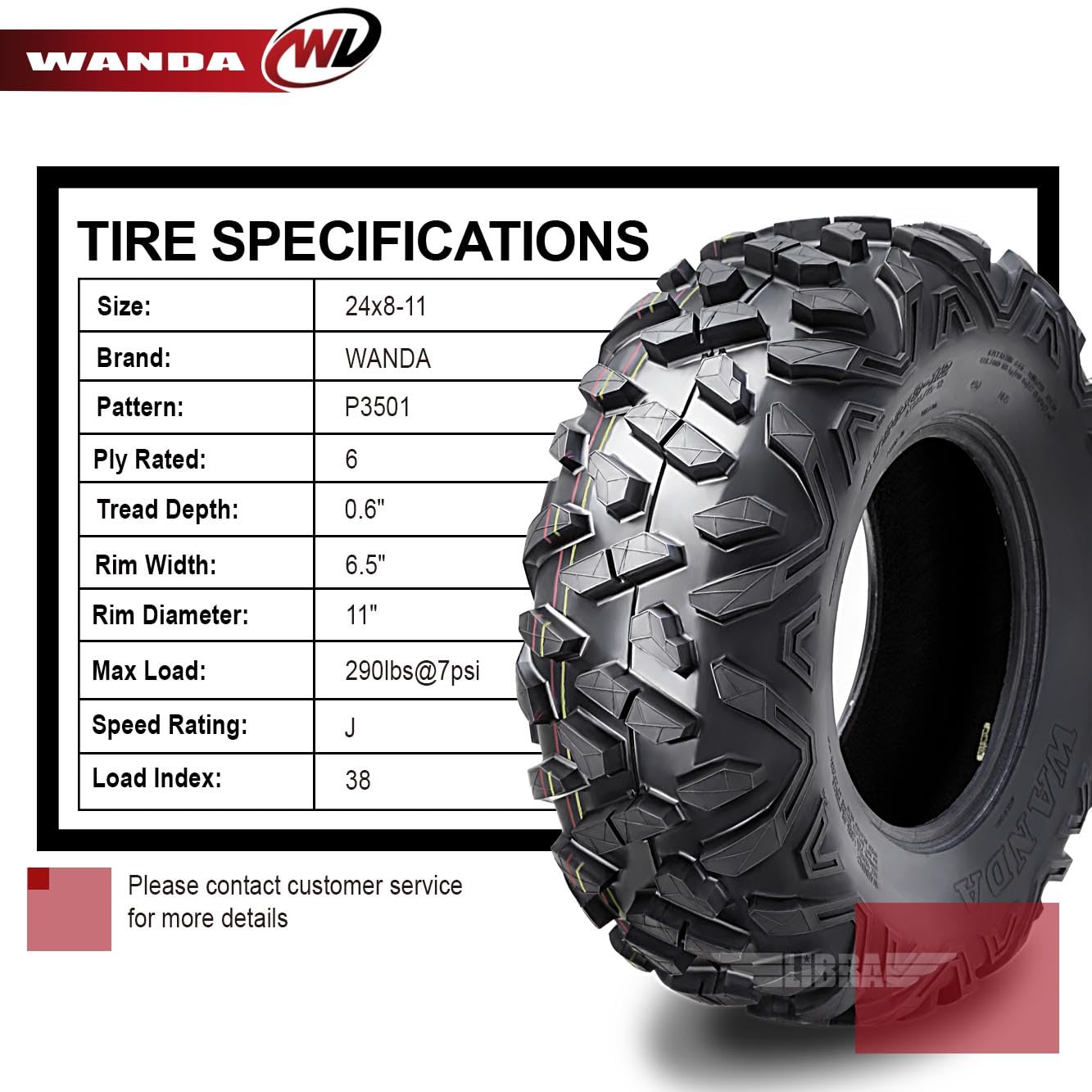 Wanda Utv Atv Tires 24X8-11 24X8X11 205/80-11 6-Ply Bighorn Style, Set 2-10413