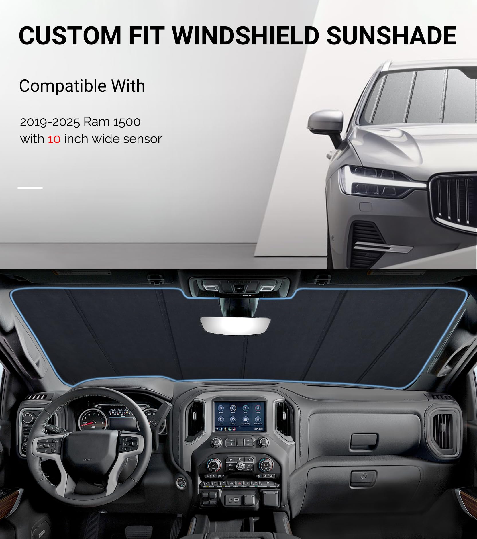 Pigenius Windshield Sun Shade For Ram 1500 2019-2025 With 10 Inch Wide Sensor Front Window Sunshade - Safeguard