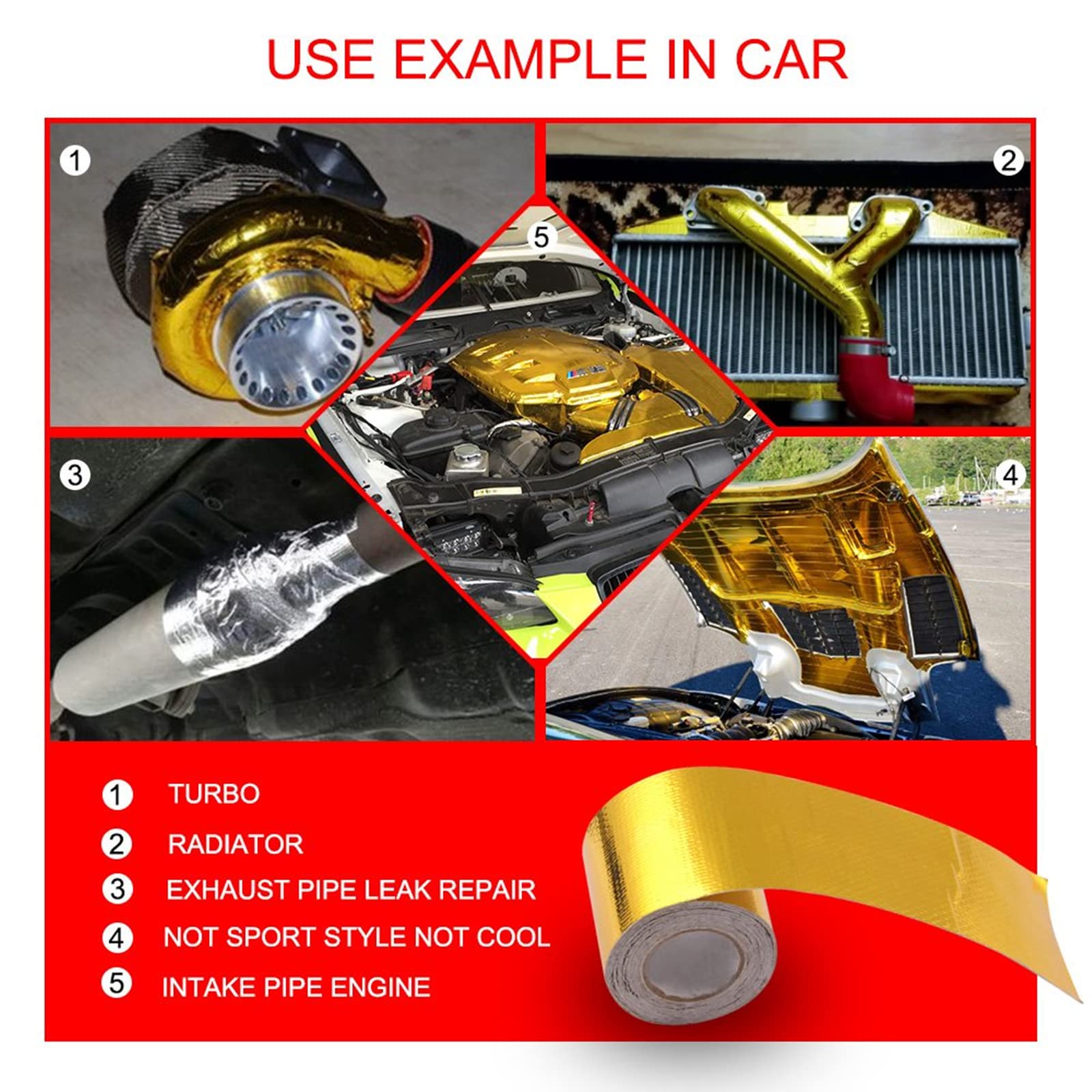 Sporacingrts 2'' x 29.5 feet (9M) Gold Adhesive Heat Shield ReflectiveTape Wrap Roll Compatible with Car Intake Pipe, Engine Bay