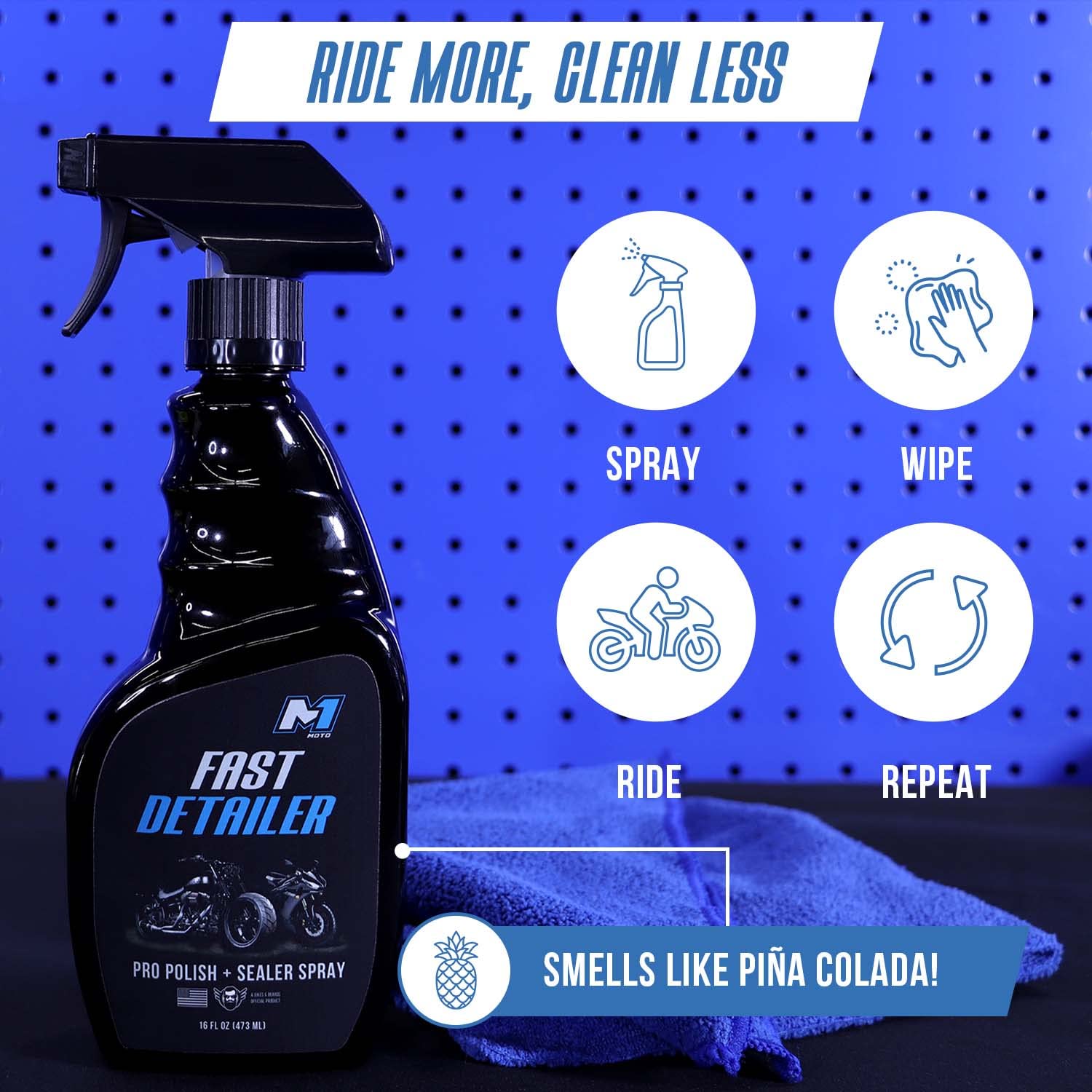 M1 MOTO Fast Detailer Motorcycle Cleaner, Pro Polish & Sealer Spray, 16 FL OZ, Model M1MOTOFD, All-in-One Kit with Microfiber Cloth