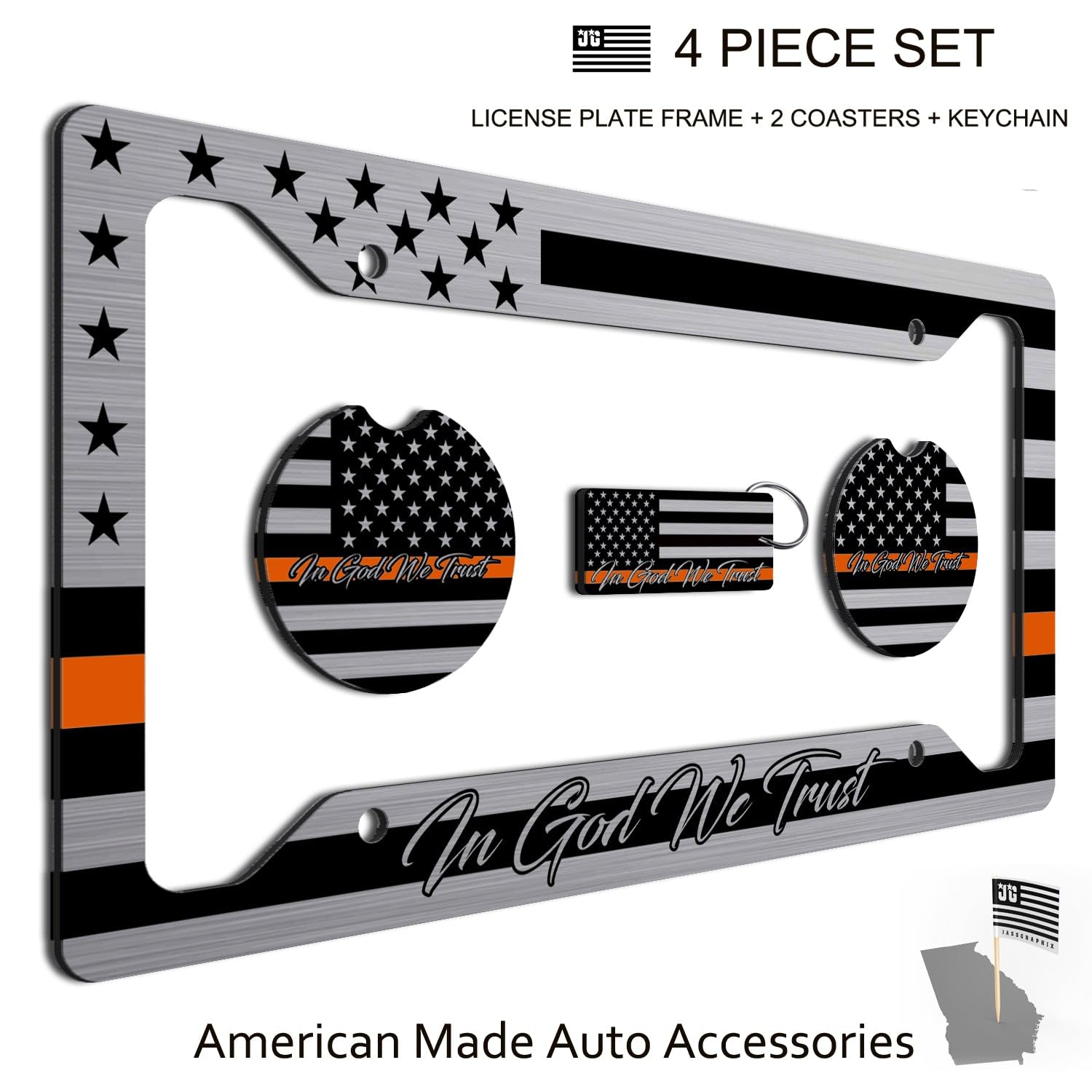 American Flag In God We Trust License Plate Frame + Orange Line Coasters + Keychain - Perfect For God And Country Lovers - Tacti