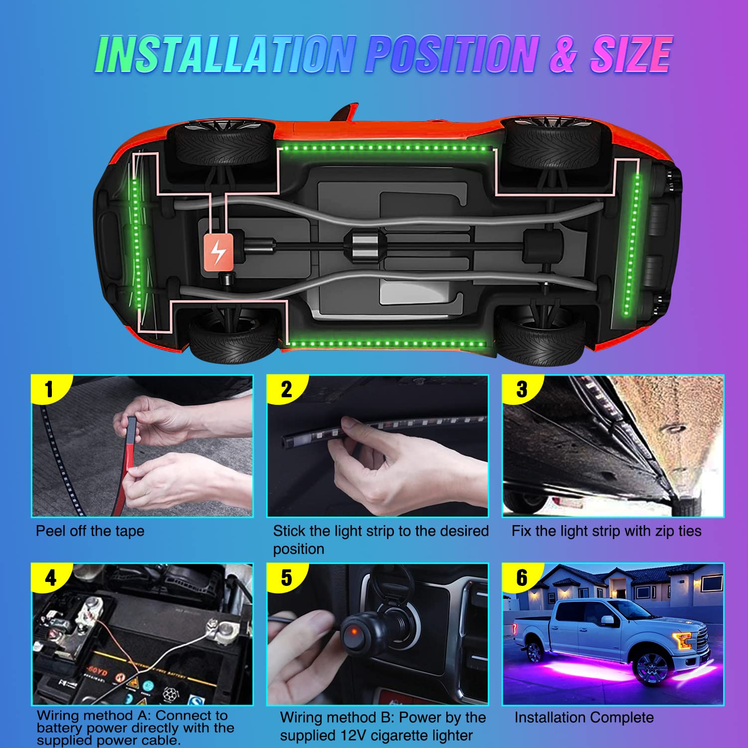 Nilight Car Underglow RGB Strip Lights - 4Pcs, 252 LEDs, Sound Active, Wireless Remote, PVC, TL-57, 8 Colors, 2 Year Warranty