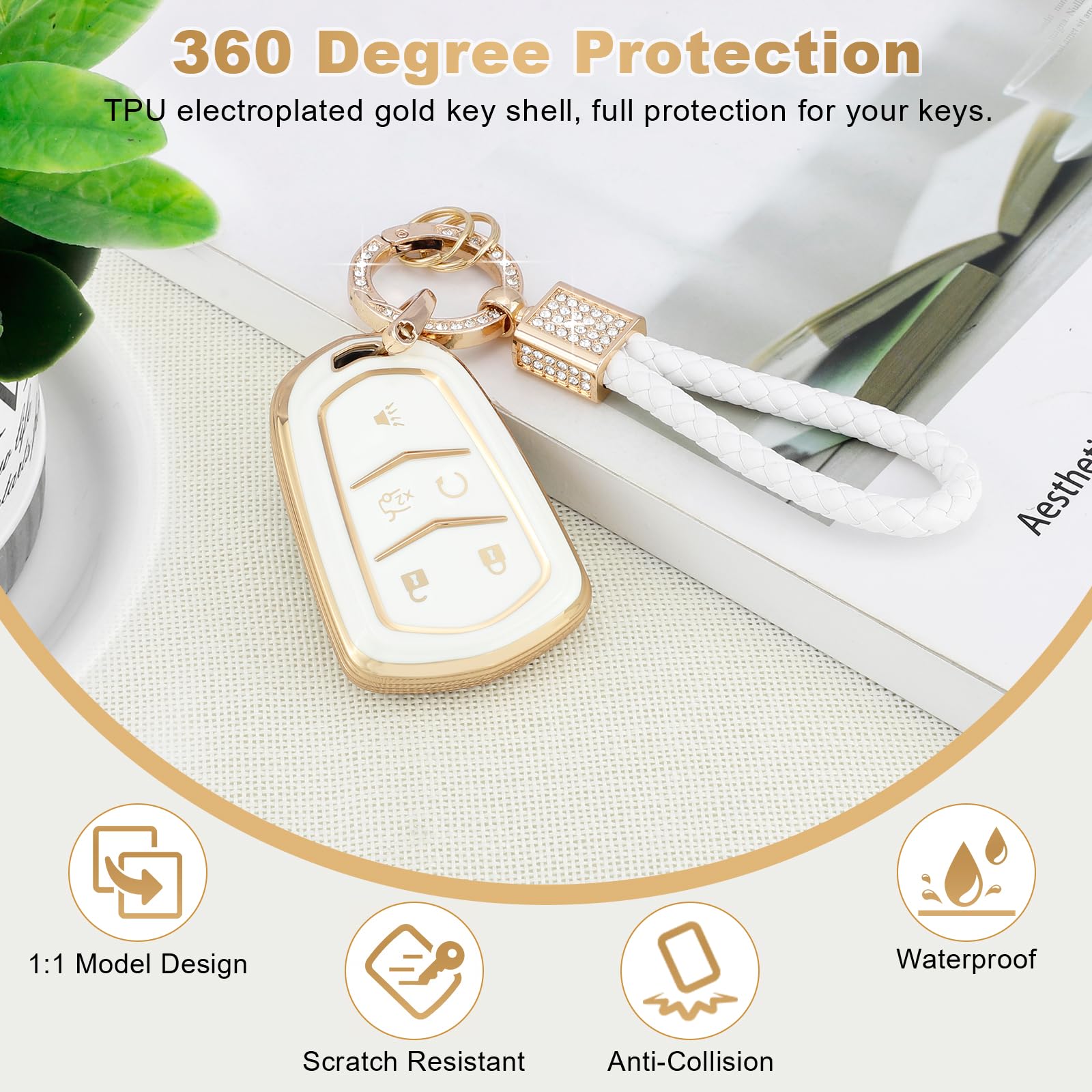 PIFOOG Key Fob Cover for Cadillac XT5 XT6 XT4 - Soft TPU, White & Gold, 5 Buttons, Full Protector Case for Women
