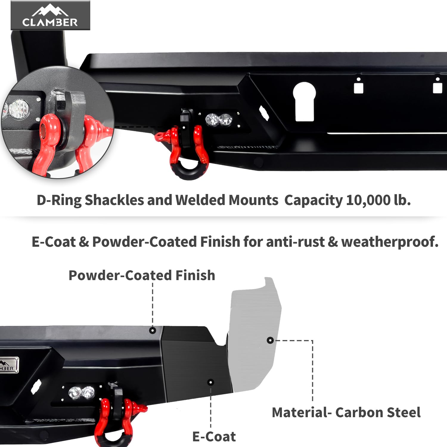 CLAMBER Off-Road Rear Bumper for Toyota Tacoma 3rd Gen 2016-2023, Textured Black, Heavy Duty Carbon Steel, Model CLB-TYTCR036