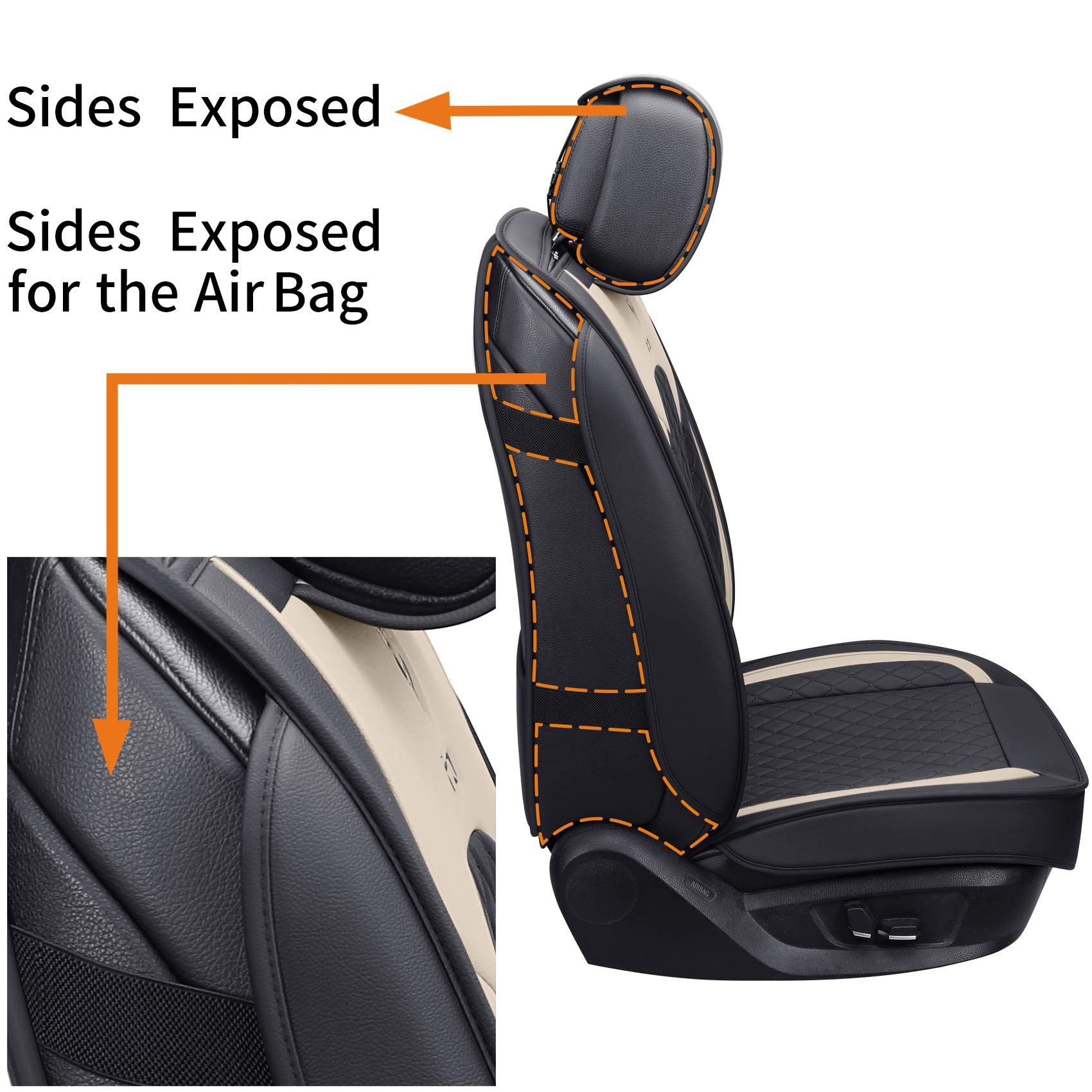 Aierxuan Leather Waterproof Front Seat Covers for Cars, Universal Fit, 2 PCS, Black-Beige, Model as-4