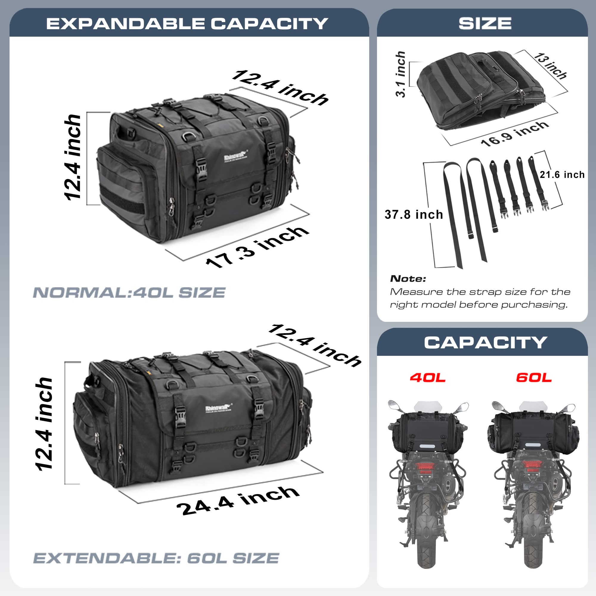 Rhinowalk Expandable Motorcycle Tail Bag 60L, Waterproof Polyester Saddle Bags, Black, Model Y4060B