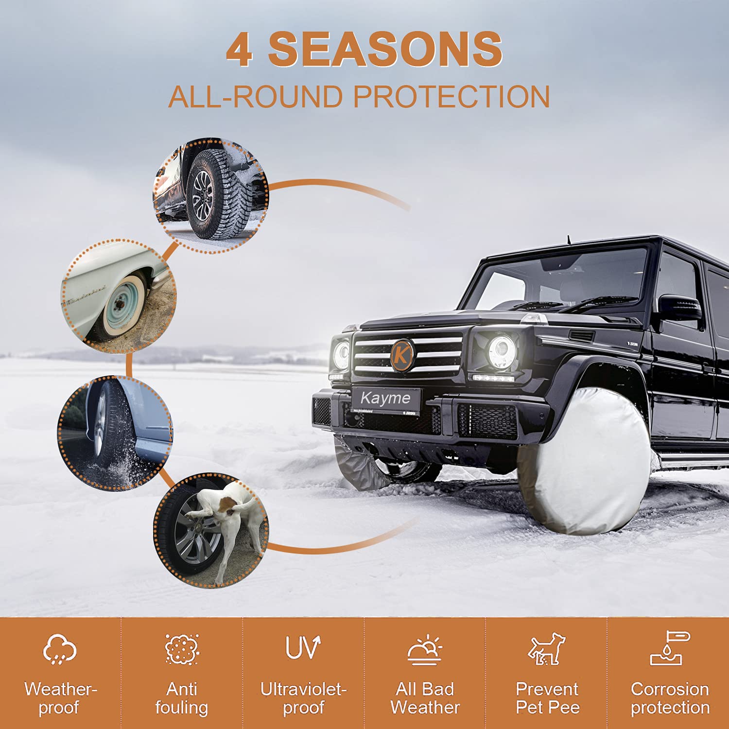 Kayme Four Layers Tire Covers Set Of 4 For Rv Travel Trailer Camper Vinyl Wheel, Sun Rain Snow Protector, Waterproof, Silver, Fi