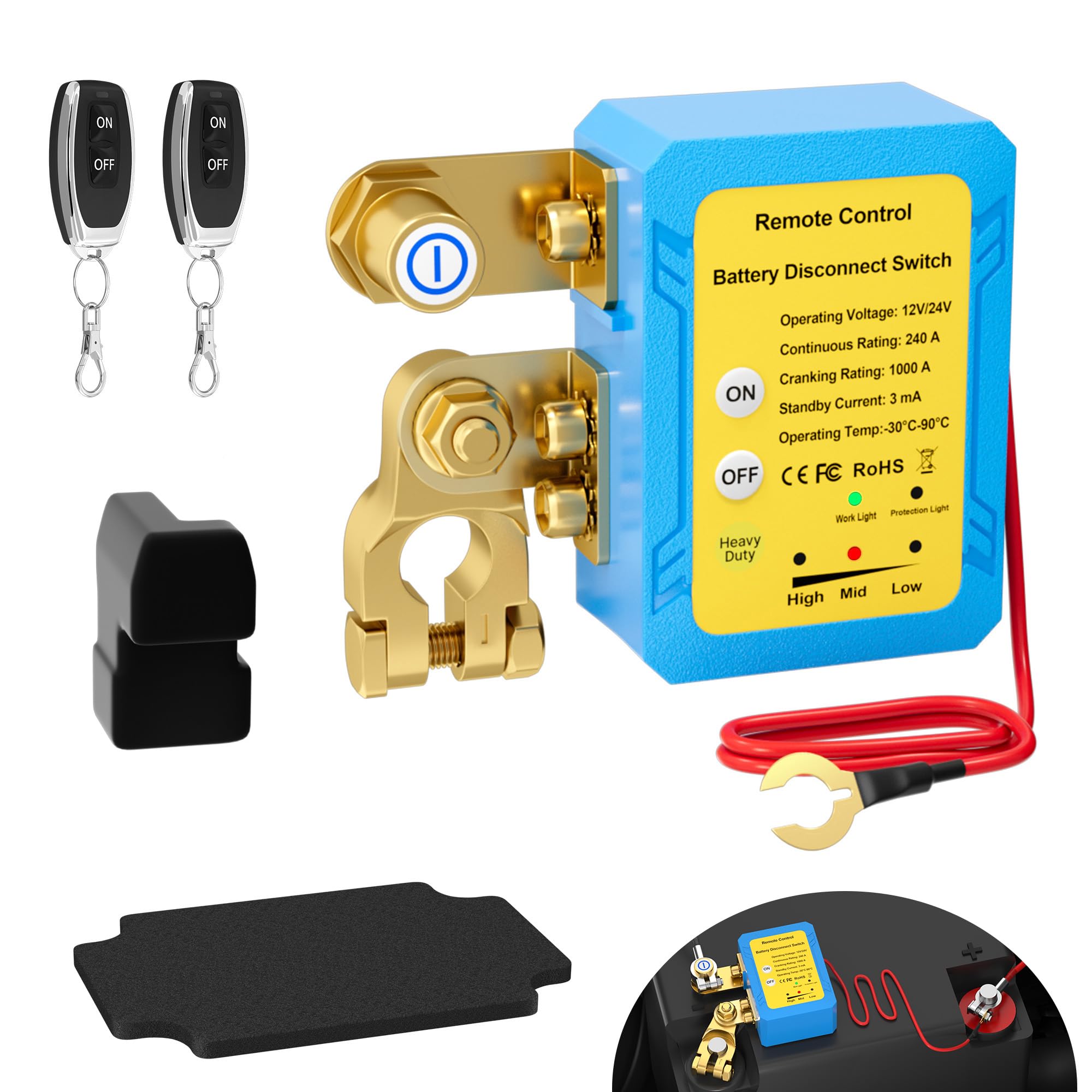 Joinfworld Remote Battery Disconnect Switch 12V 240A Kill Switch For Car Anti Theft Automatic Shut Off Switch With Wireless Remo
