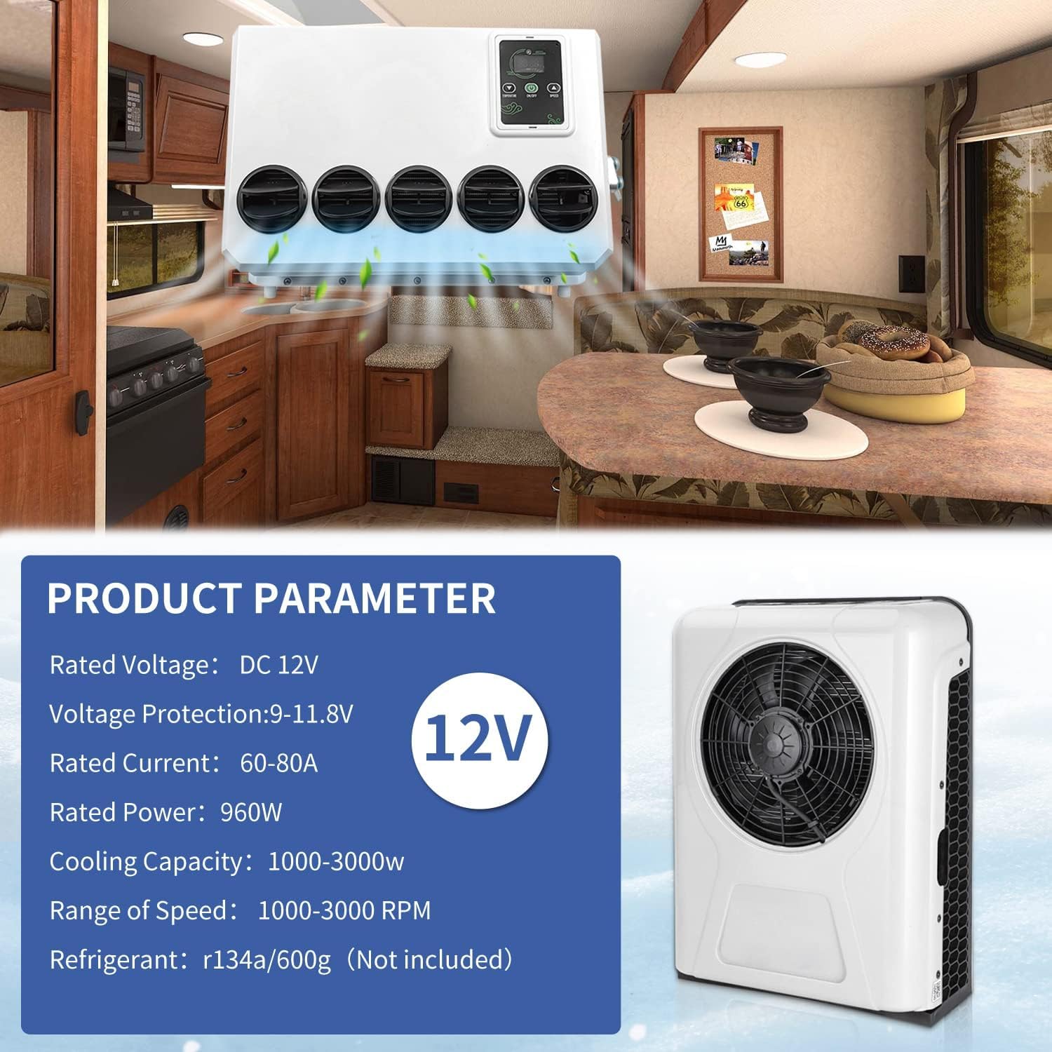 Hanaiette Gouku 12 Volt Dc Rv Air Conditioner, Split Energy Electric Truck Cab Air Conditioner Unit For Camper Semi Truck Ac Unit, Eac1009.12.W, White