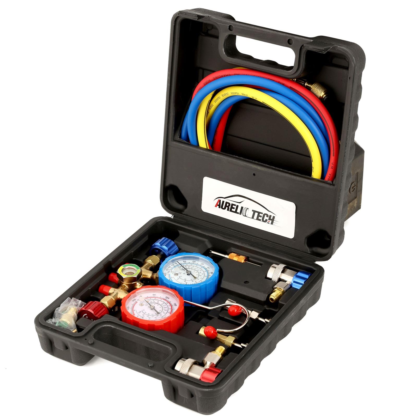 3 Way AC Manifold Gauge Set, Fits for R134A R12 R22 and R502 Refrigerants, with 5FT Hose, Acme Tank Adapters, Quick Couplers and