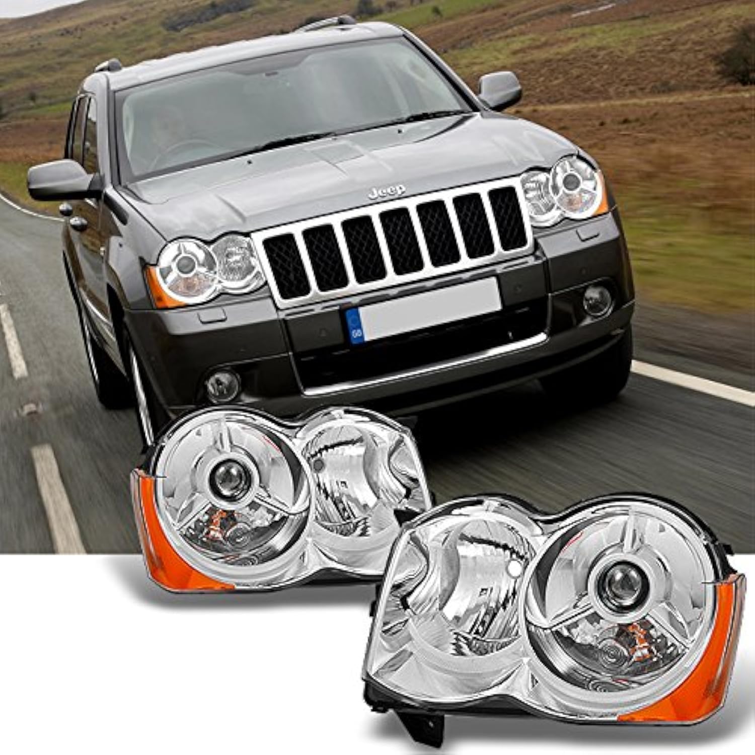 AKKON - For [Chrome] 2008 2009 2010 Jeep Grand Cherokee Halogen Type Projector Headlight Headlamps LH + RH Pair