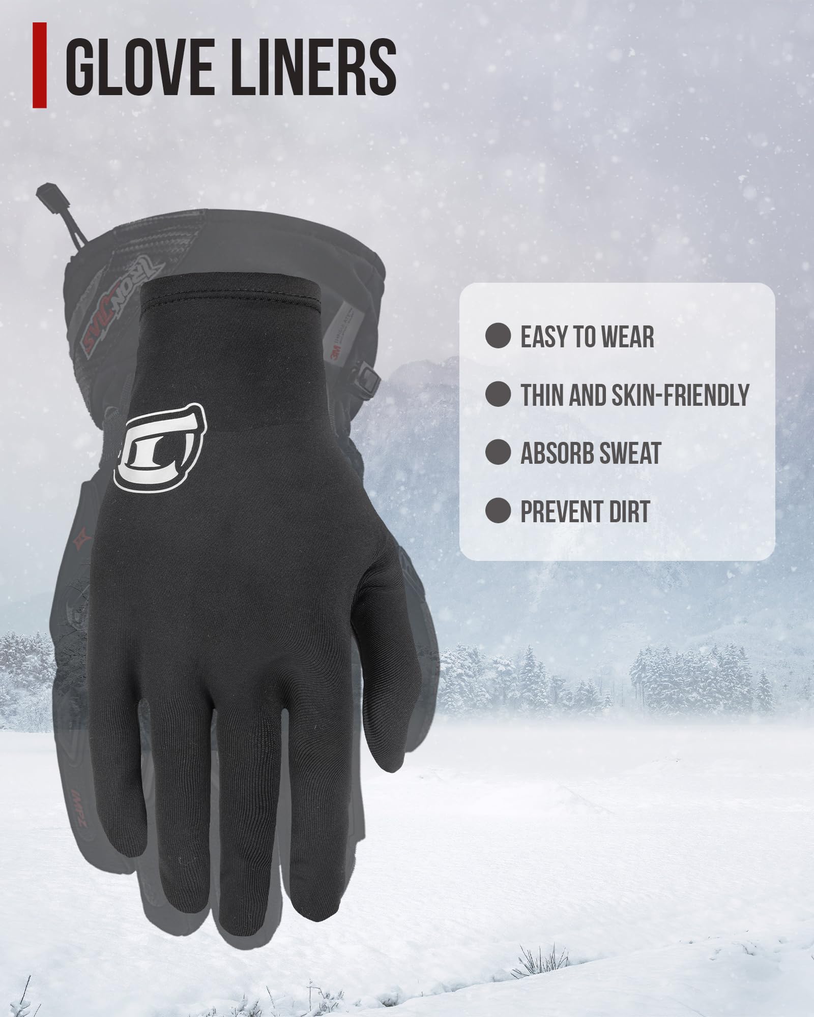 BORLENI Lightweight Glove Liners for Motorcycle, Cycling, Skiing - One Size, Black, Polyester, Model JIA11