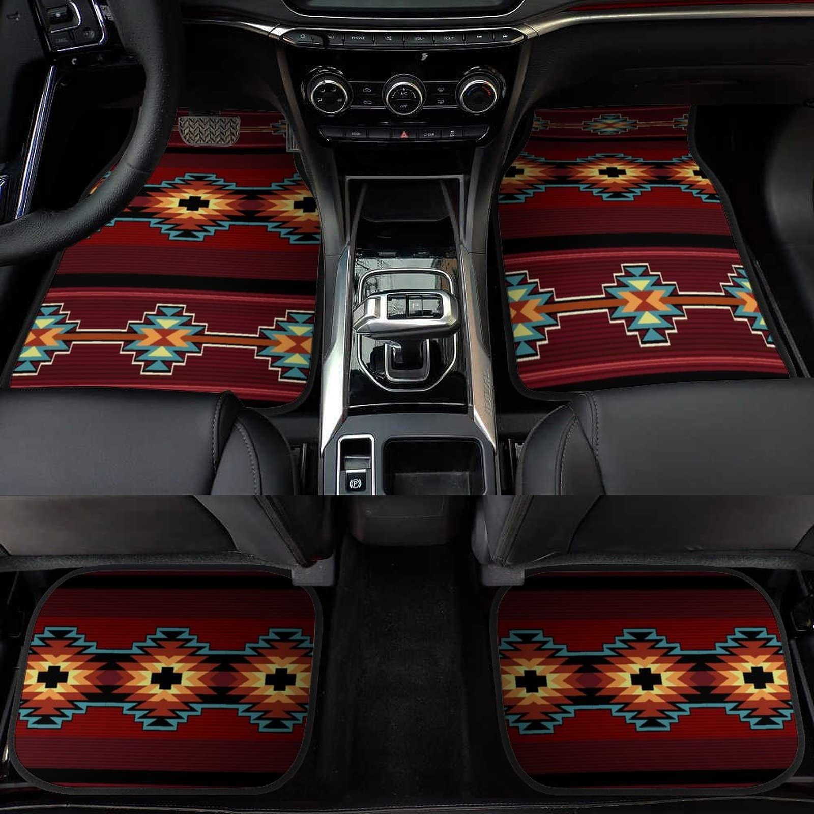 LONSANT Aztec Car Floor Mats Set of 4,Southwest Native American Tribal Aztec Navajo Striped Red Print Vehicle Front Rear Car Flo