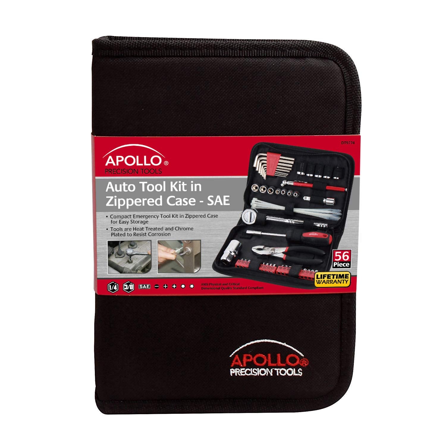 Apollo Tools 56 Piece Compact Sae Auto Tool Set In Zippered Case, Small Mechanic Tool Set For Car Emergency, Motorcycle Repair O