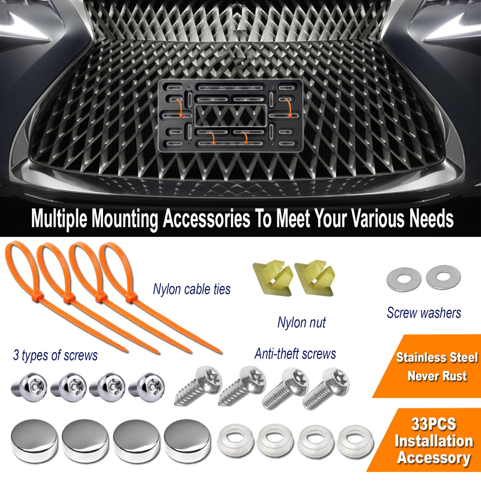 Aootf Front License Plate Bracket- Universal Front Bumper Plate Mounting Kit, Car Tag Holder Adapter& Stainless Steel Plate Cove