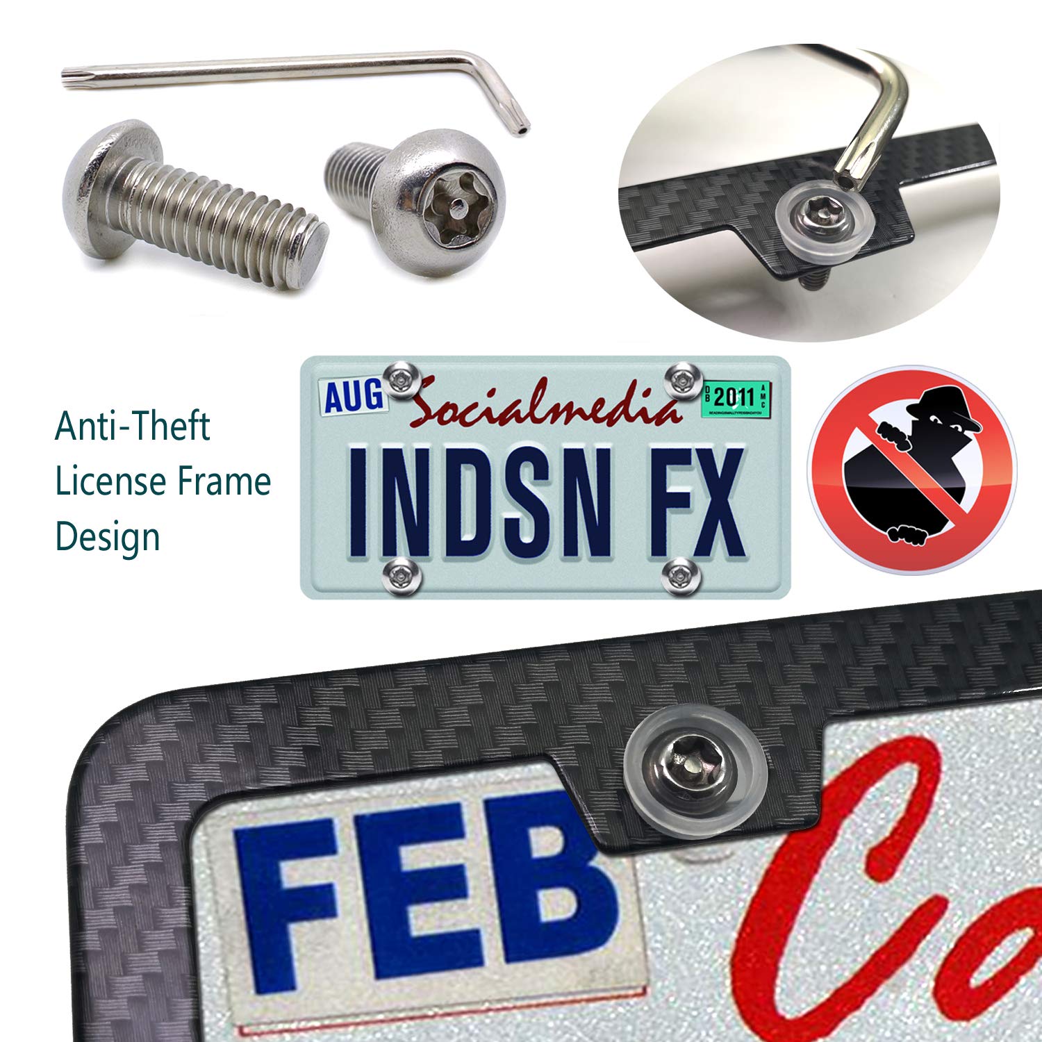 Aootf Carbon Fiber License Plate Frames- Anti Theft Black Aluminum Printed Carbon Patterns For Front Rear Car Tag Holder, With S