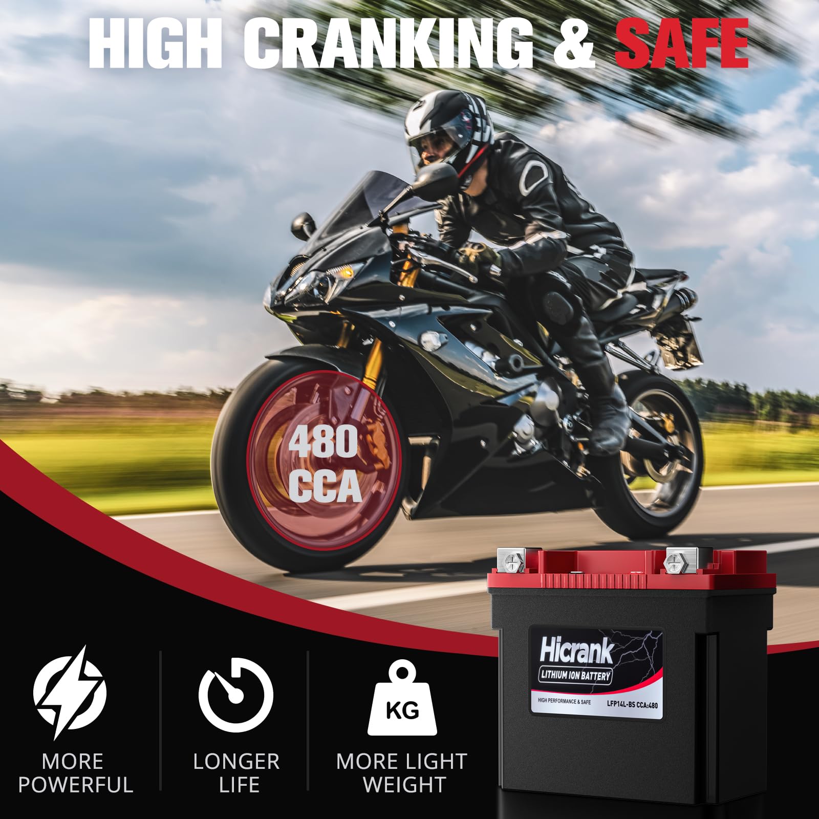 Hicrank YTX14L-BS (GYZ16HL) Lithium 12V 8Ah 480CCA LiFePO4 Motorcycle Battery, Powersports Battery for Honda KTM Yamaha Harely,
