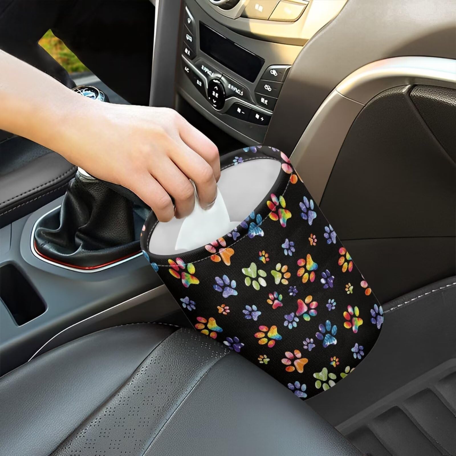 Brosoneto Colorful Dog Paws Car Trash Can Easy Installation Collapsible Back Seat, Front Console, Floor, or Hanging Headrest Was